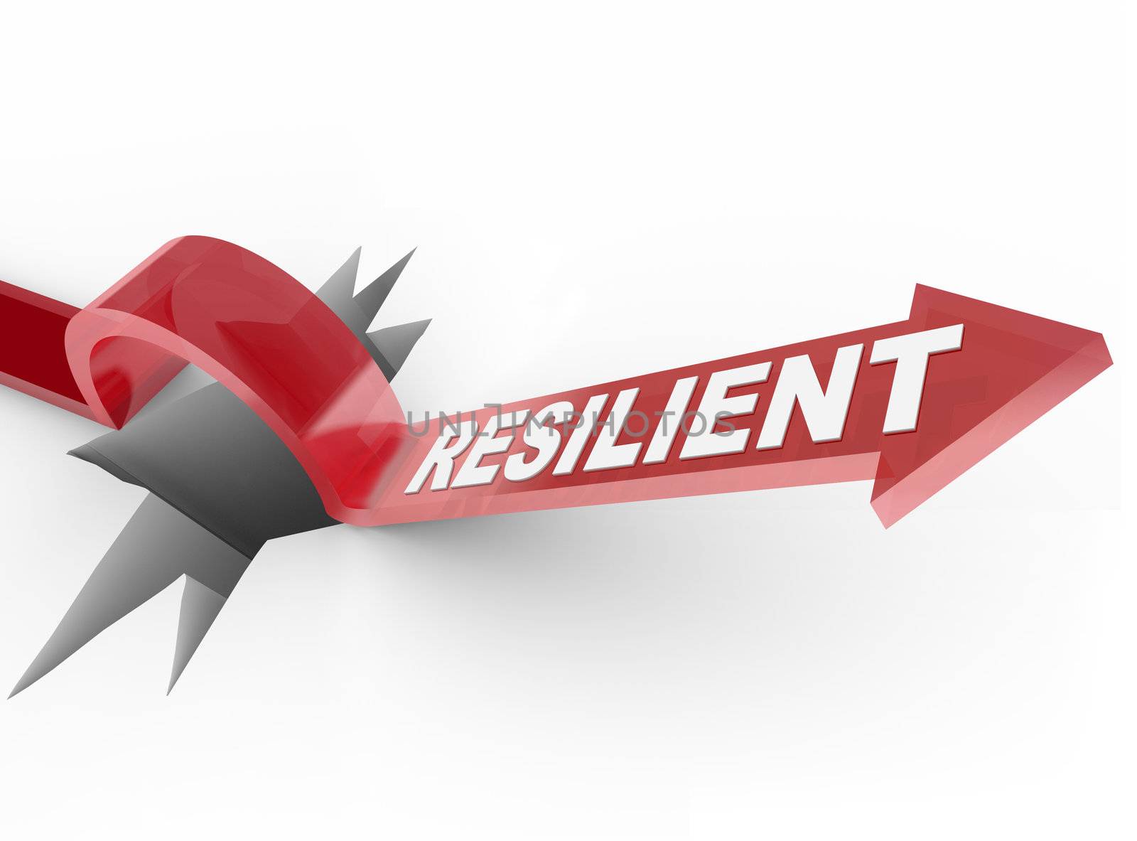 An arrow jumps over a hole, with the word Resilient to illustrate a winning attitude and determined approach to conquering a problem