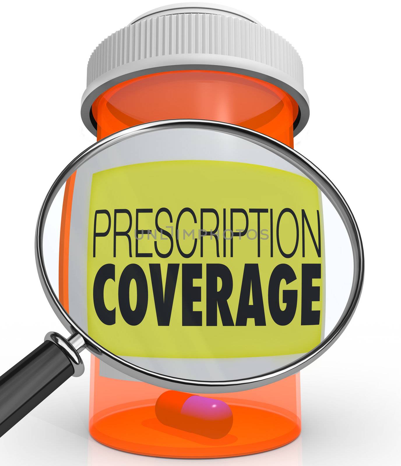 A magnifying glass on a pill bottle showing the words Prescription Coverage to represent the need to be insured with a plan that covers your medications