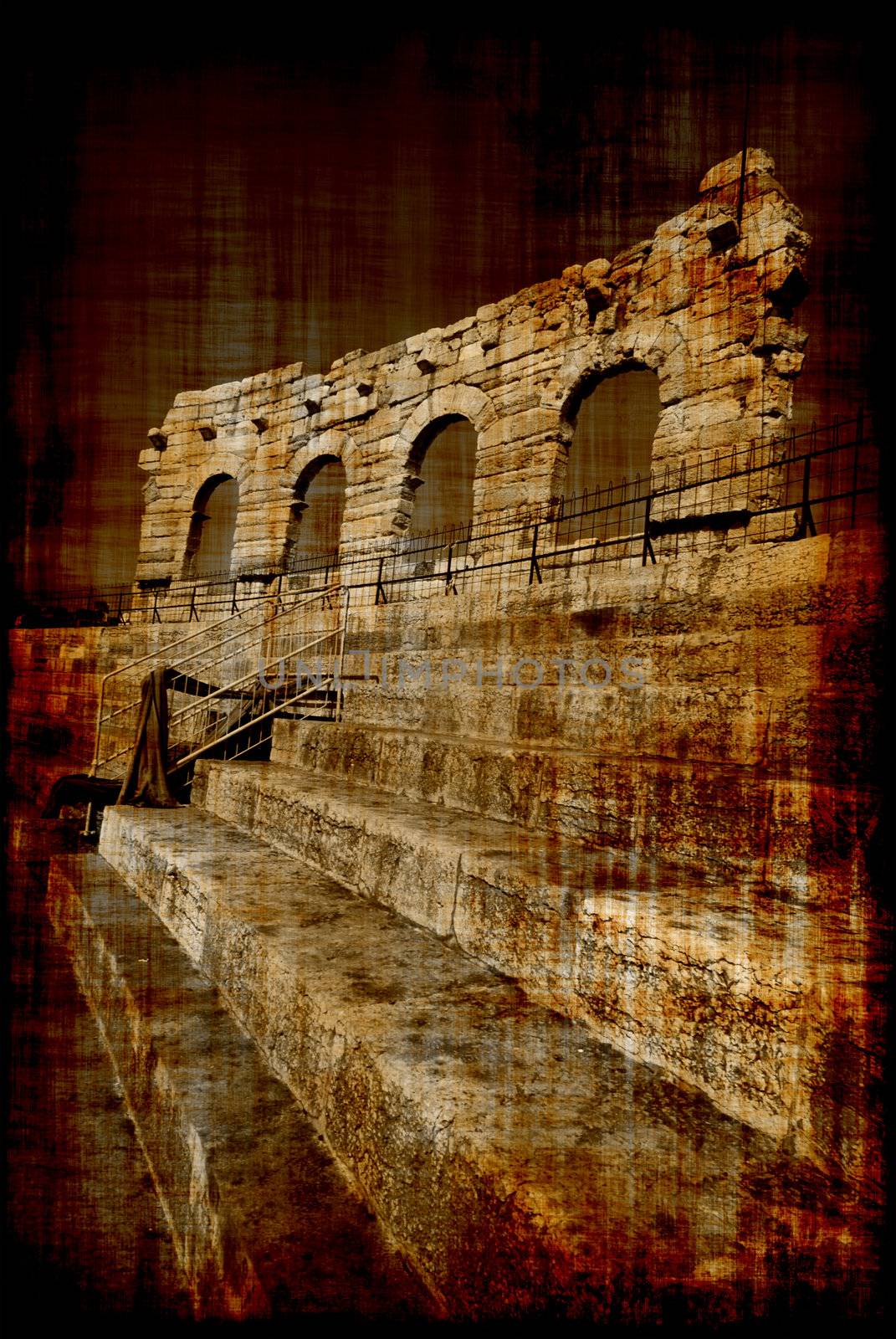 Roman amphiteatre called Arena di Verona, actually used as opera theatre, Italy. Grunge style