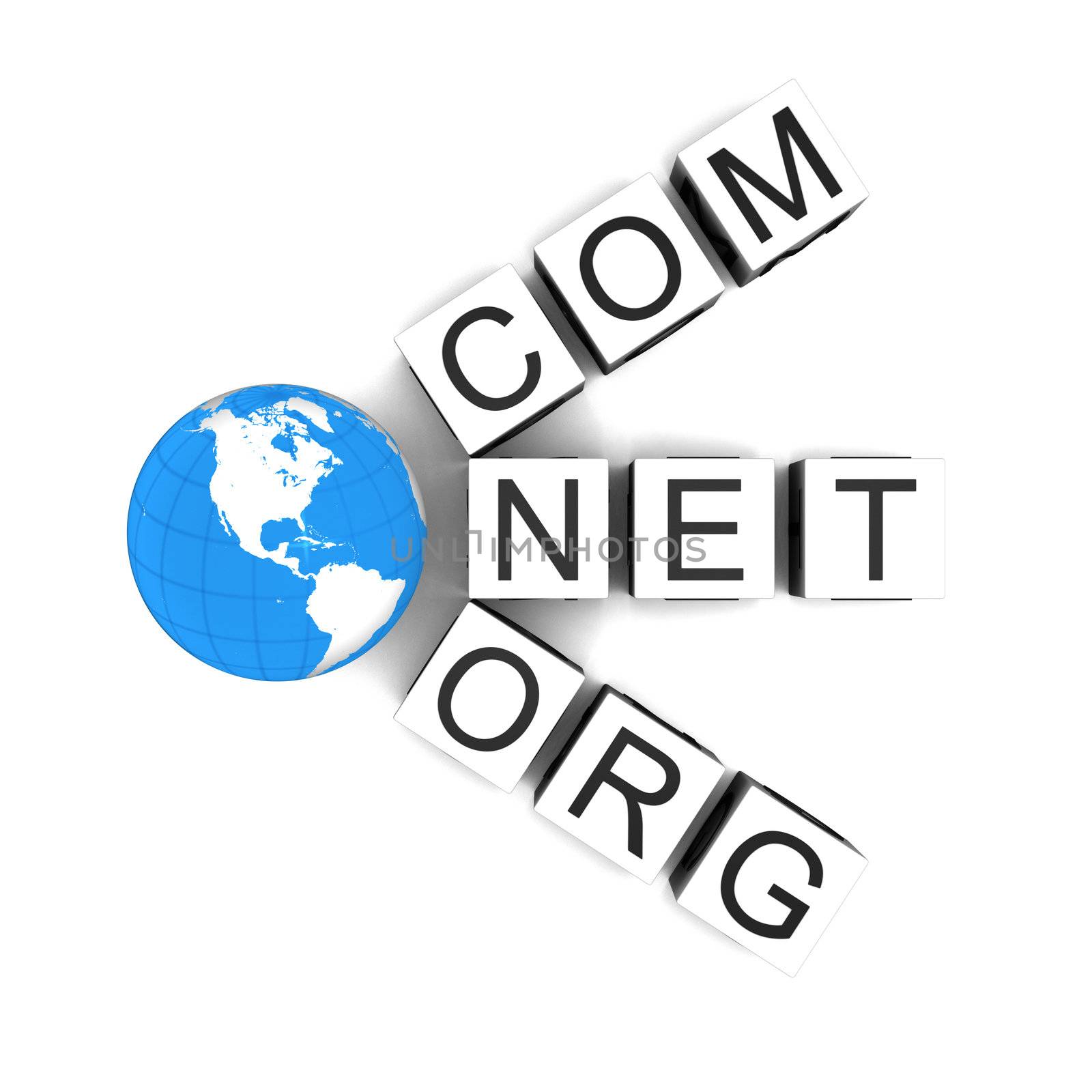 Concept of web domains with globe isolated on white background. Elements of this image furnished by NASA.