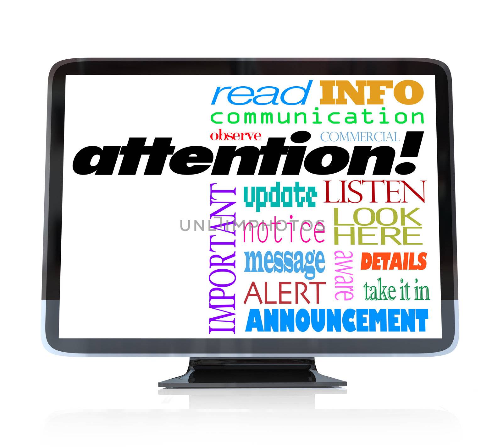 A high definition television with the word attention and many other words related to communication and a special televised announcement: info, update, alert, commercial, message, notice and more