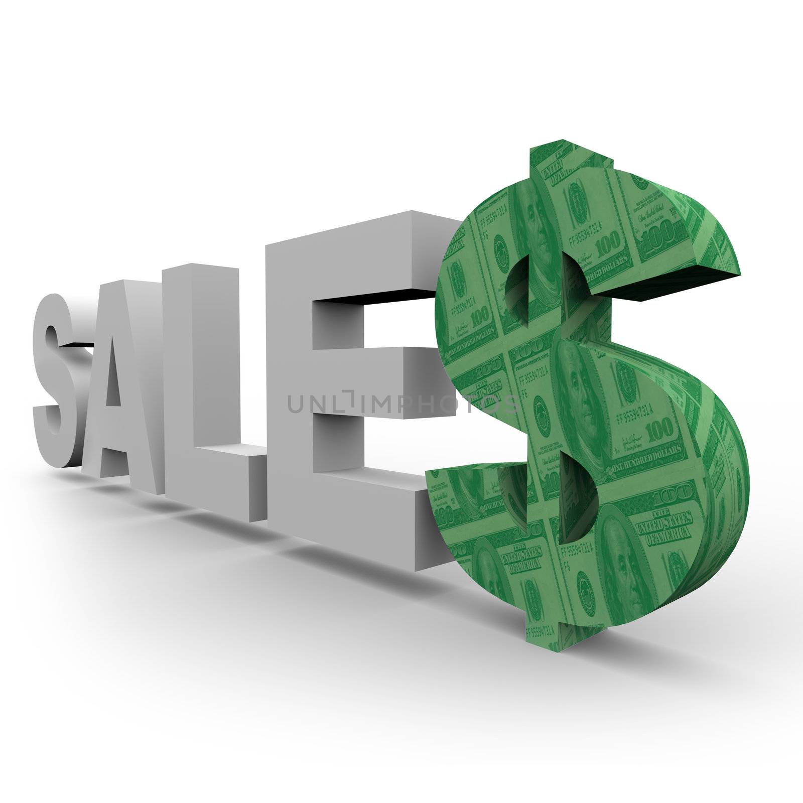 The word Sales in 3D letters with dollar signs in the final letter S, illustrating financial success and reaching selling targets for a business
