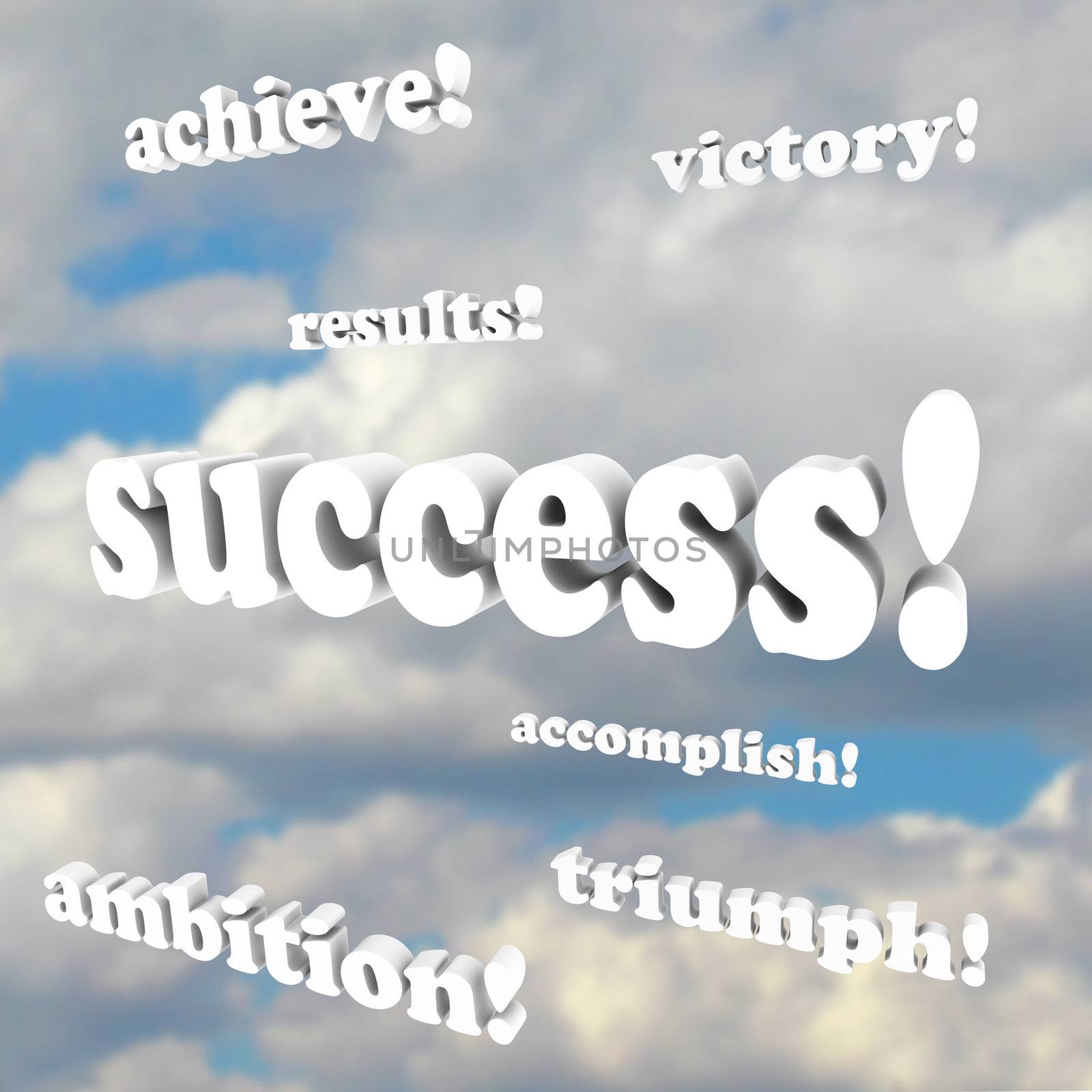 Successful words appear in a blue cloudy sky - success, victory, achieve, results, accomplish, triumph, ambition