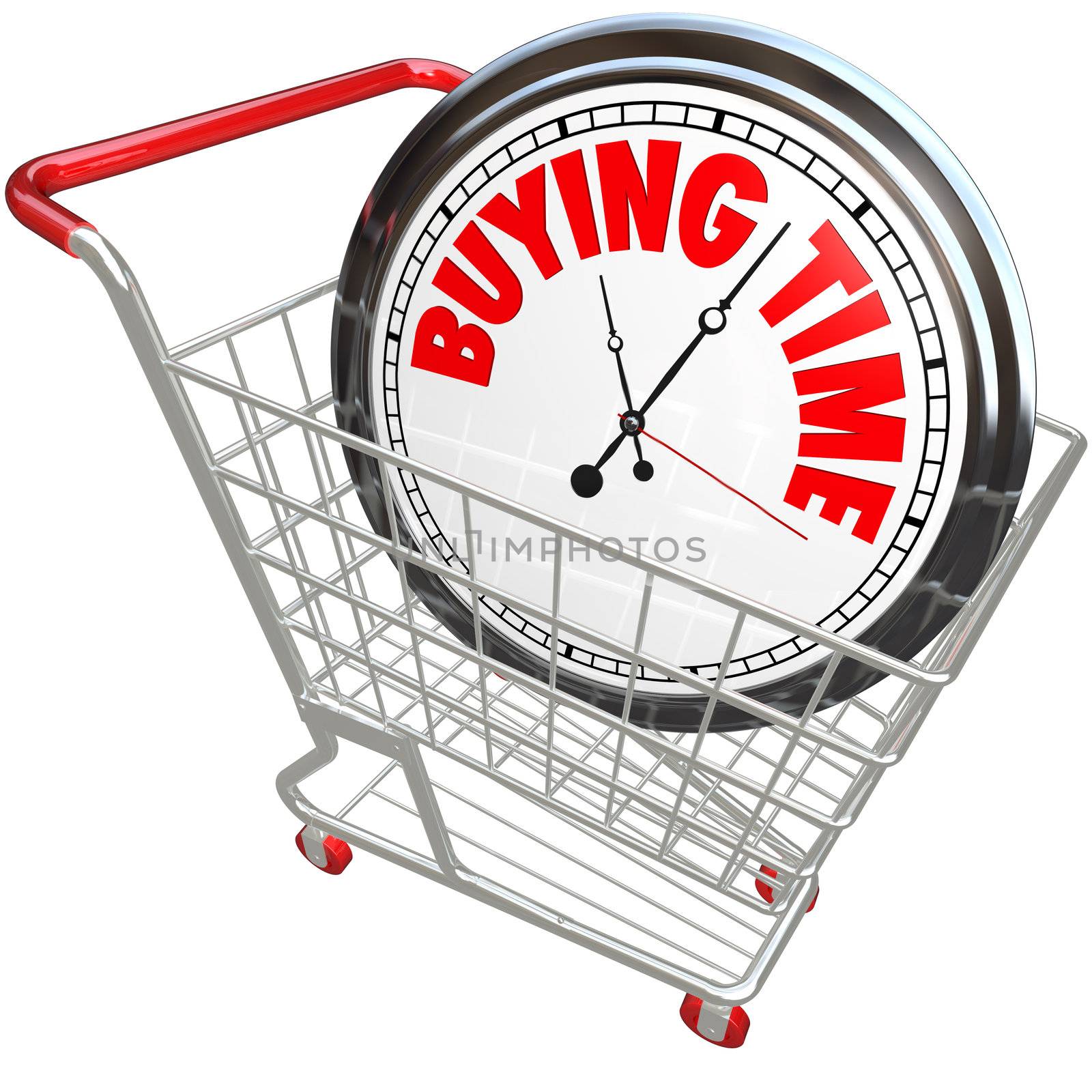 A white clock in a shopping cart with the words Buying Time illustrating the saying about stalling, waiting, delaying or interrupting time so you get a chance to get ready for an event