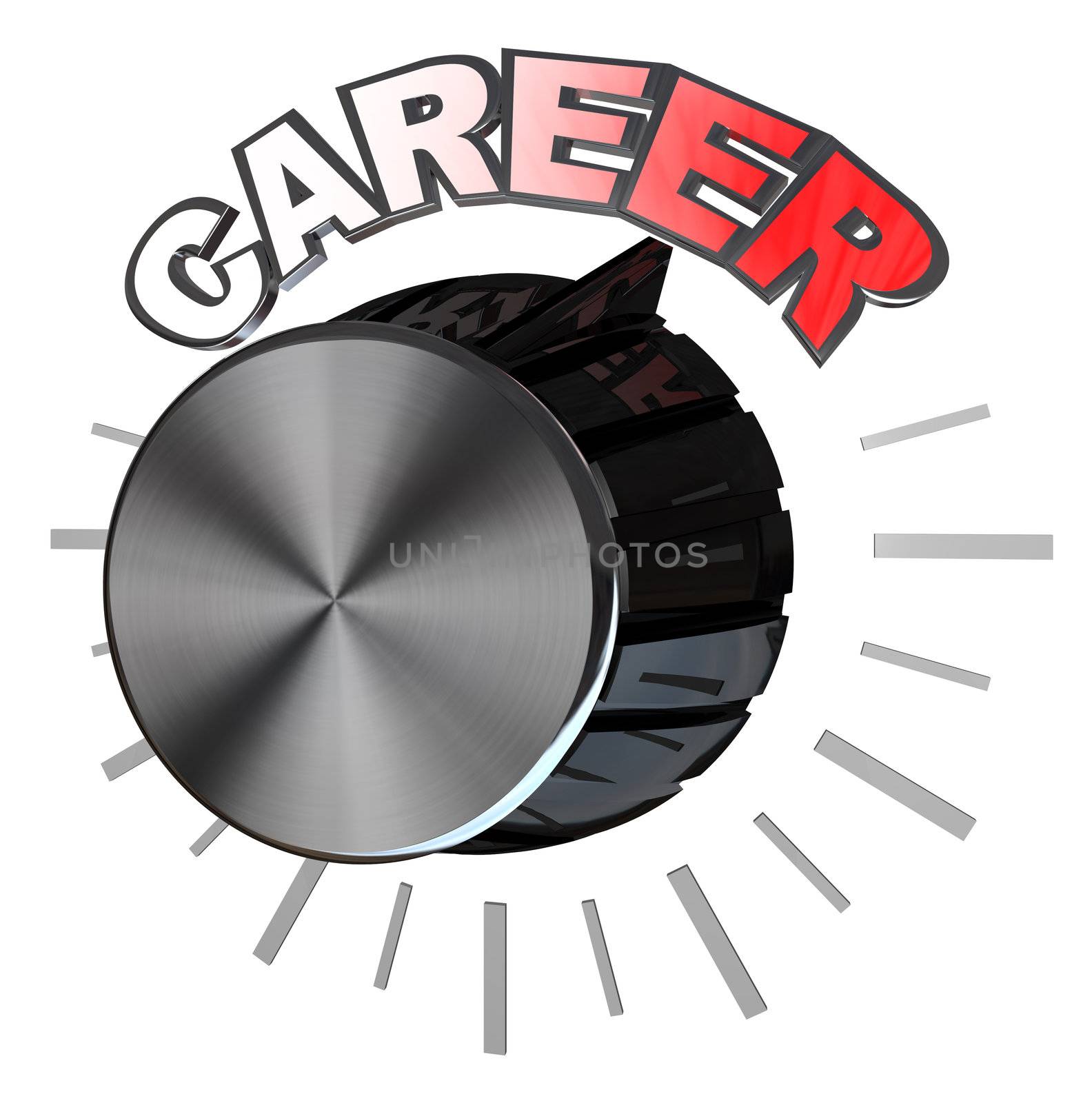 A black knob or dial turned all the way to the highest position with the word Career over it as a metaphor to rising to the highest level or position in your job and achieving success