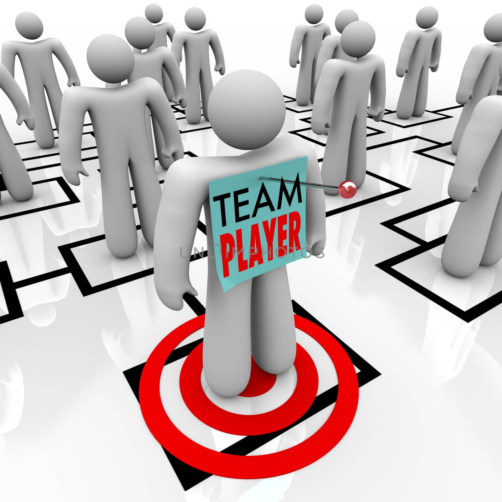 A worker marked Team Player is identified as one of the best people in an organizational chart and stands on a bulls eye to indicated he has been targeted as a top performer