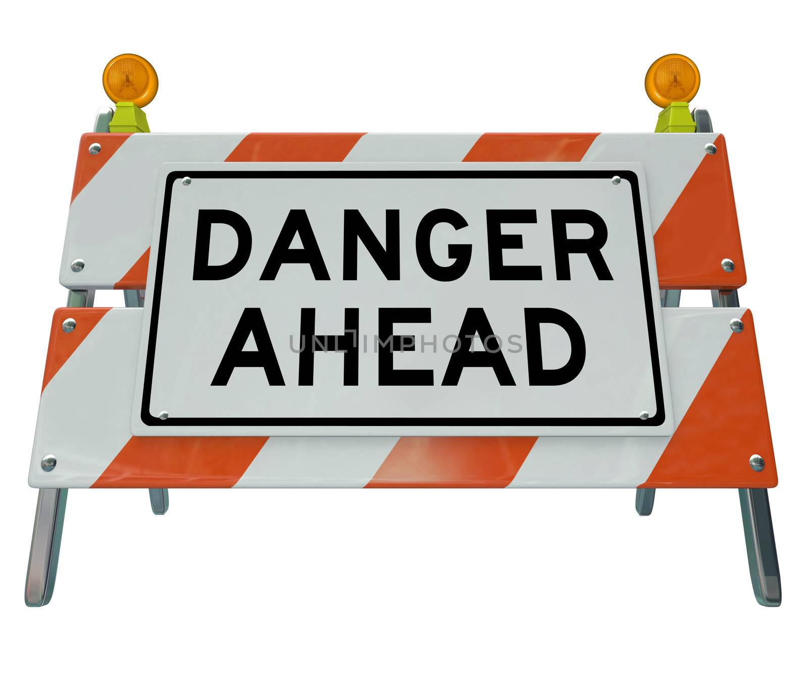 A road barrier reading Danger Ahead to signal that construction is on the road or public area and your way is blocked to caution and warn you from the work underway