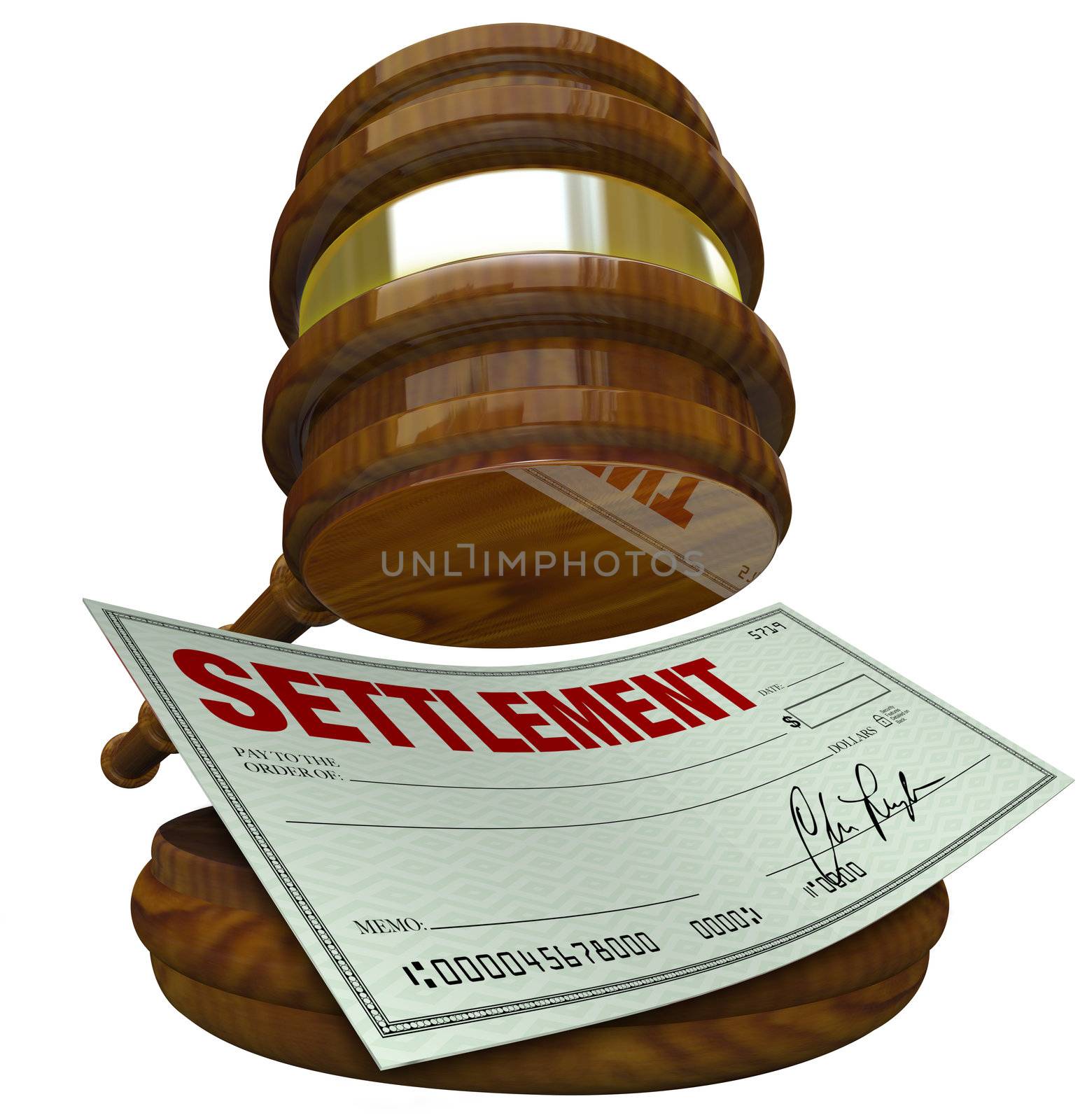 A gavel hovering over a check reading Settlement, illustrating an agreement overseen by the judicial and legal system binding two parties to a cash settlement