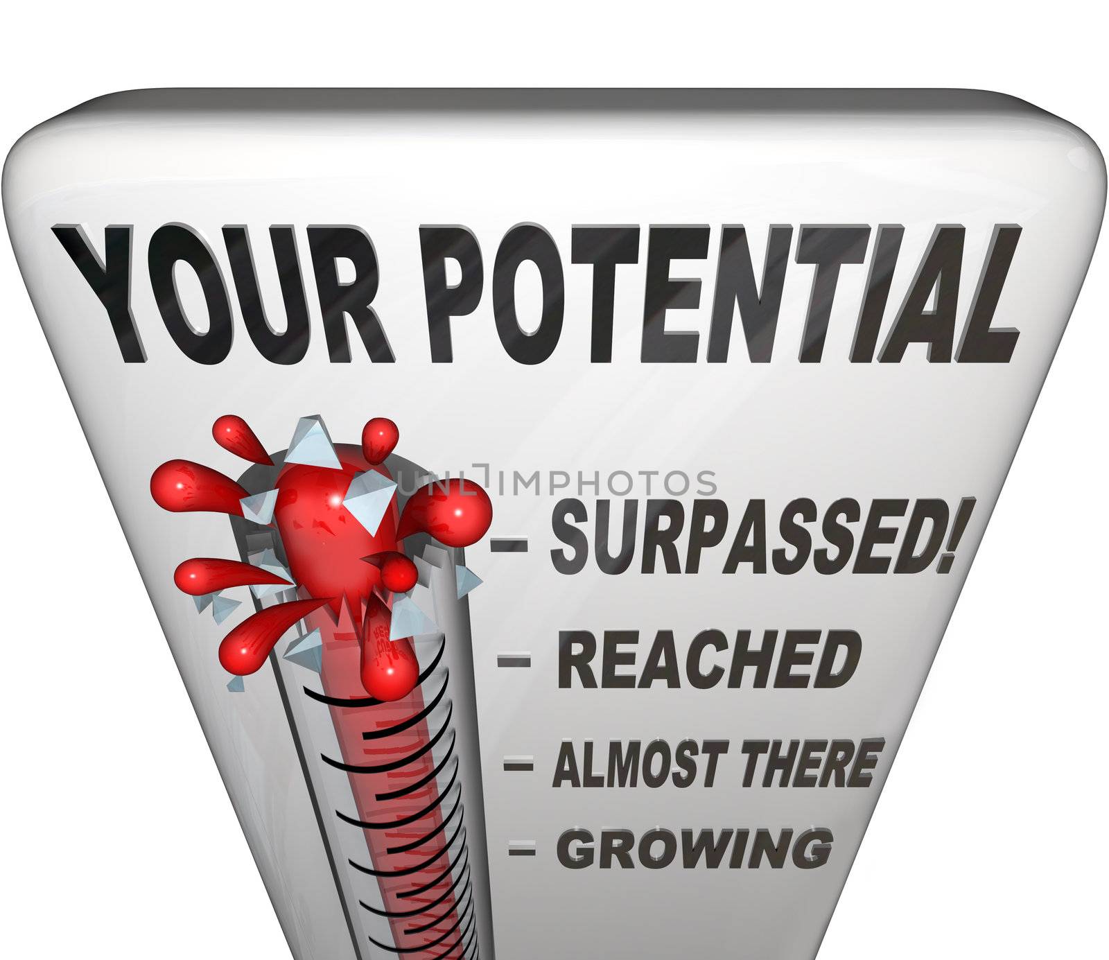 A thermometer measuring your level of potential reached, ranging from Growing, Almost There, Reached and Surpassed to show how successful your personal growth efforts have been