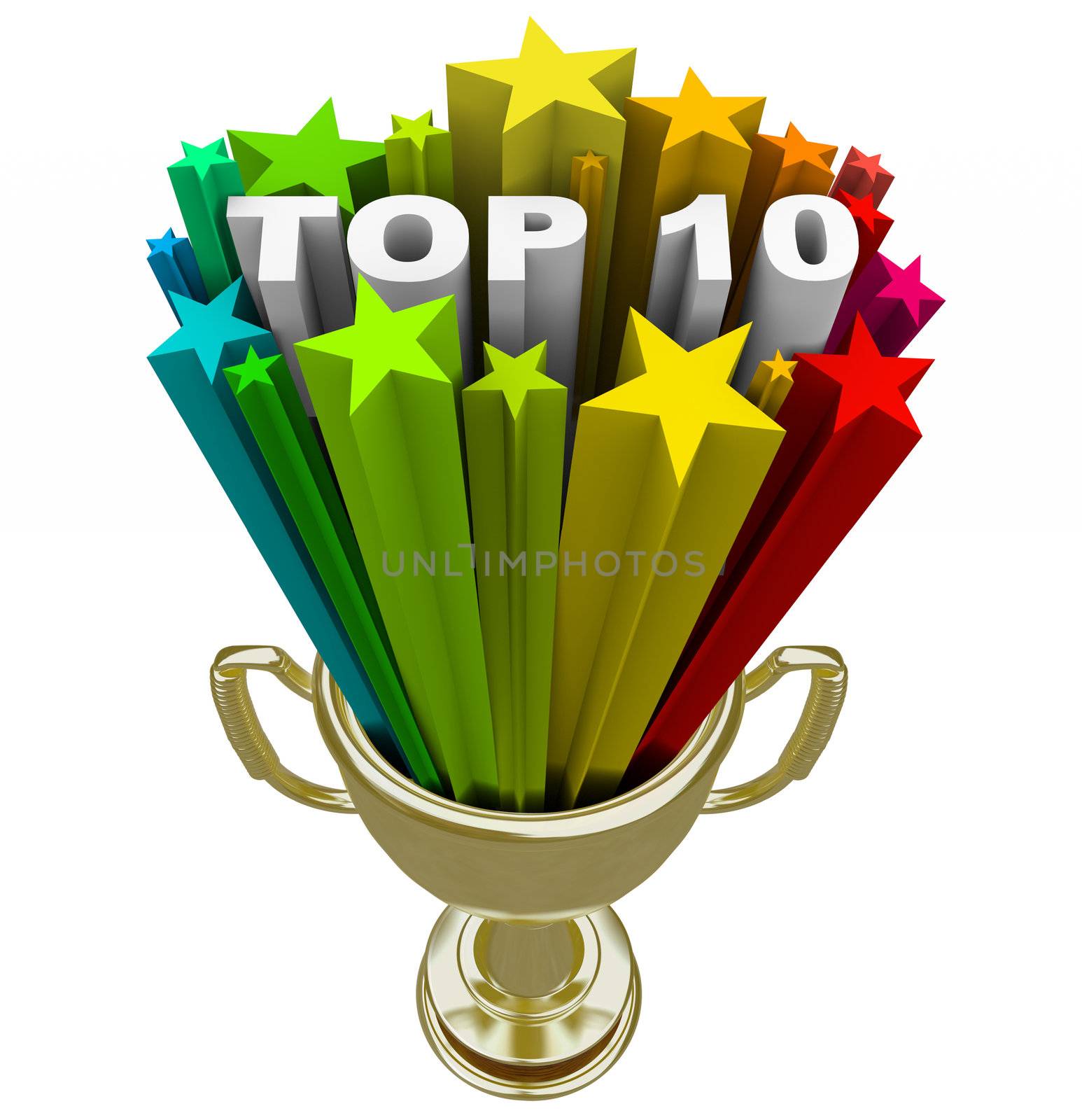 A golden with the words Top 10 in a burst of colorful stars, illustrating the ten choices that have reached the highest pinnacle of success singled out as finalists or best picks