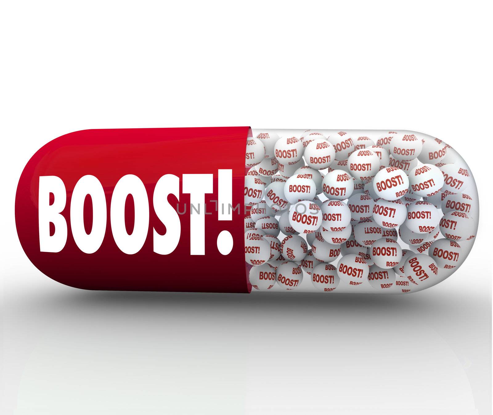 A red capsule pill with the word Boost and small medicine balls inside it that is meant to revitalize or give a jolt of energy 