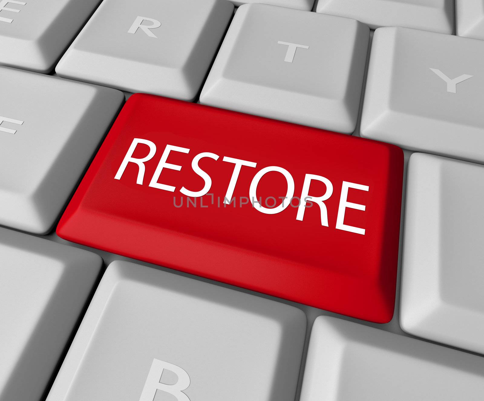 A keyboard with a red key for the word Restore, representing the need to return to past values or recover files lost on a computer through a back-up copy