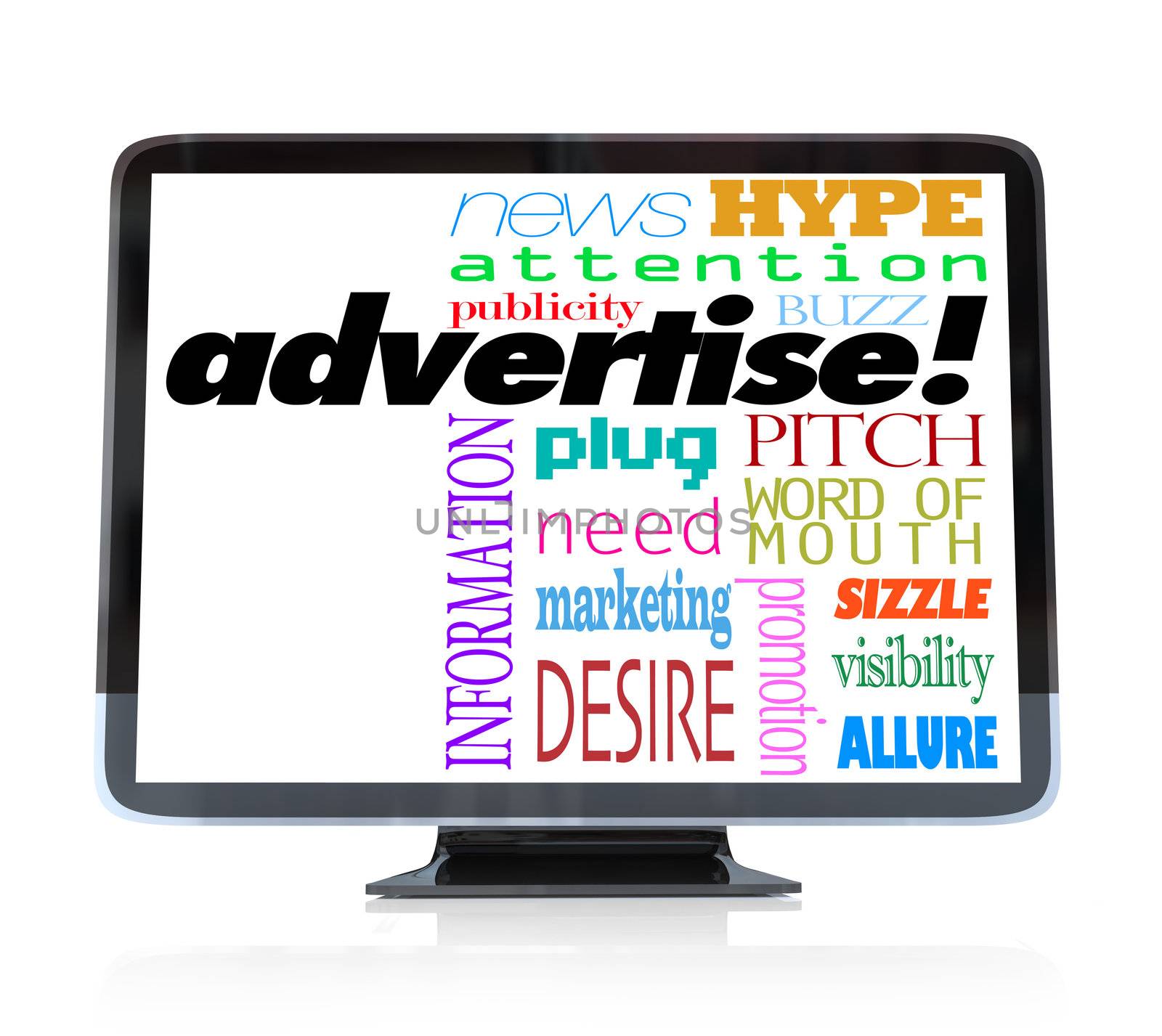 A high definition television with the word advertise and many other words associated with advertising such as word of mouth, attention, visibility, buzz, hype and more
