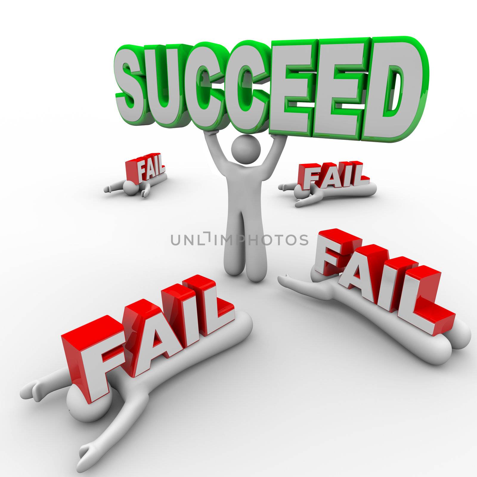 One person succeeds and holds the word Succeed while others lay crushed under the word Fail, symbolizing how a successful person wins in life and competitors may lose