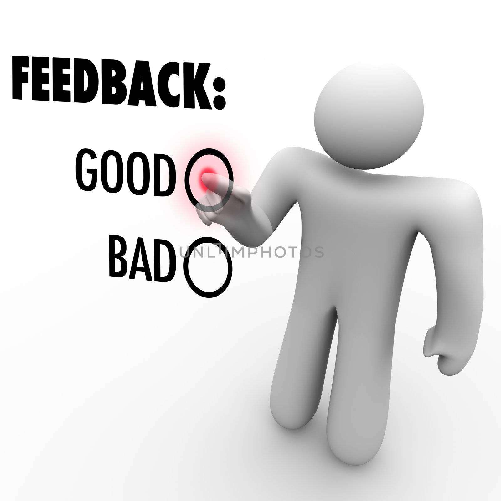 A man presses a button beside the word Good when giving feedback and opinions on a touch screen asking for positive or negative comments