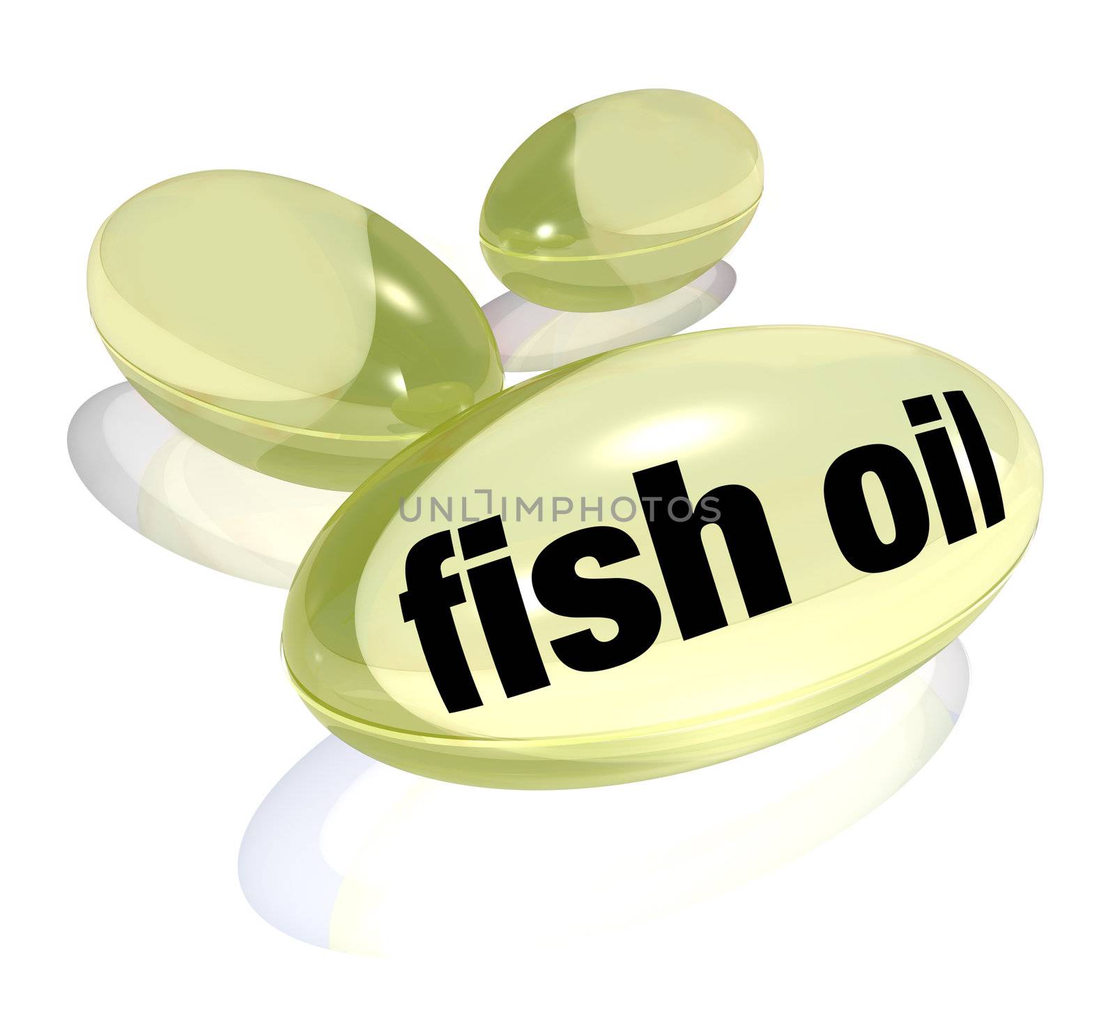 Three yellow fish oil capsule pills for consumption by health consicous people, containing omega-3 fatty acids that are believed to have benefits in preventing cancer and heart disease