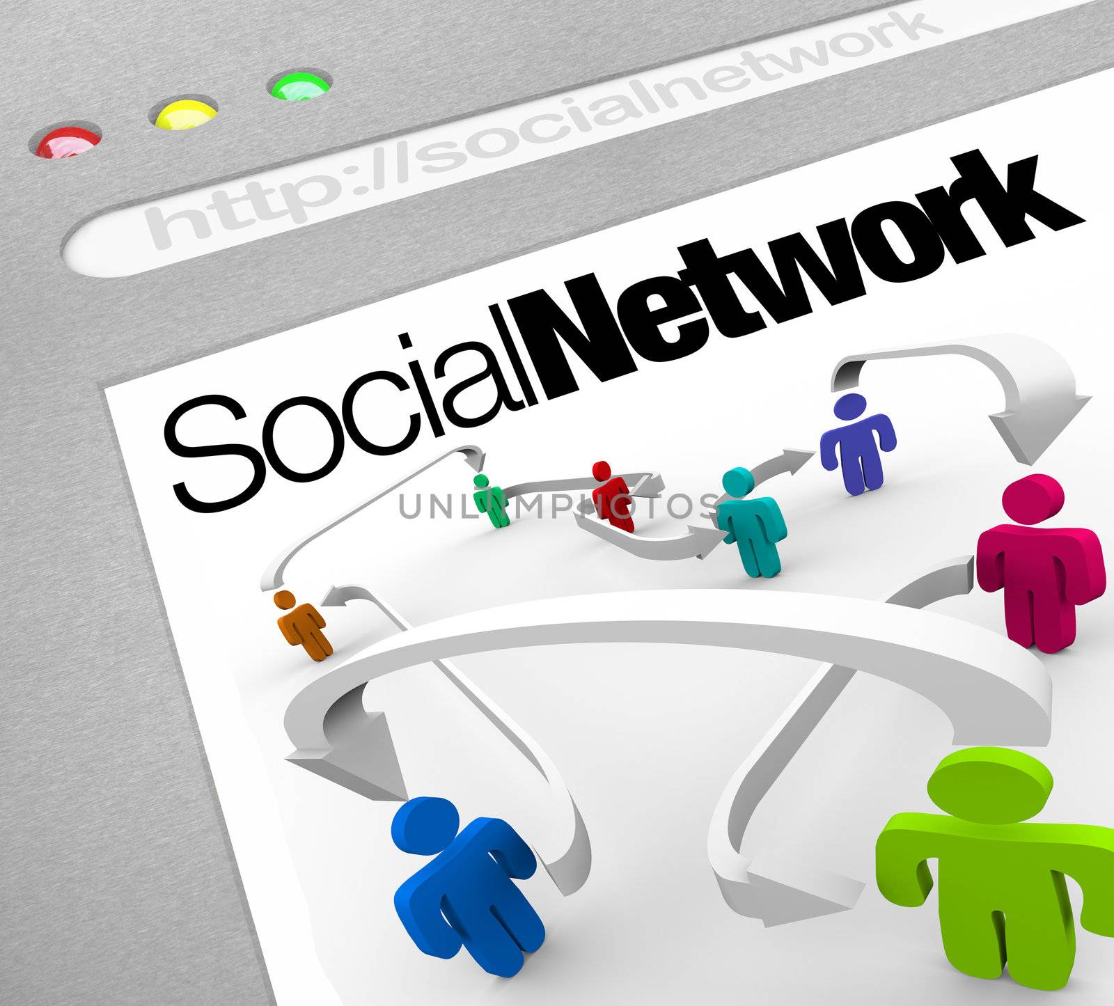 A web browser window shows a social network of people connected by arrows represented on a web screen illustrating a networking site on the internet