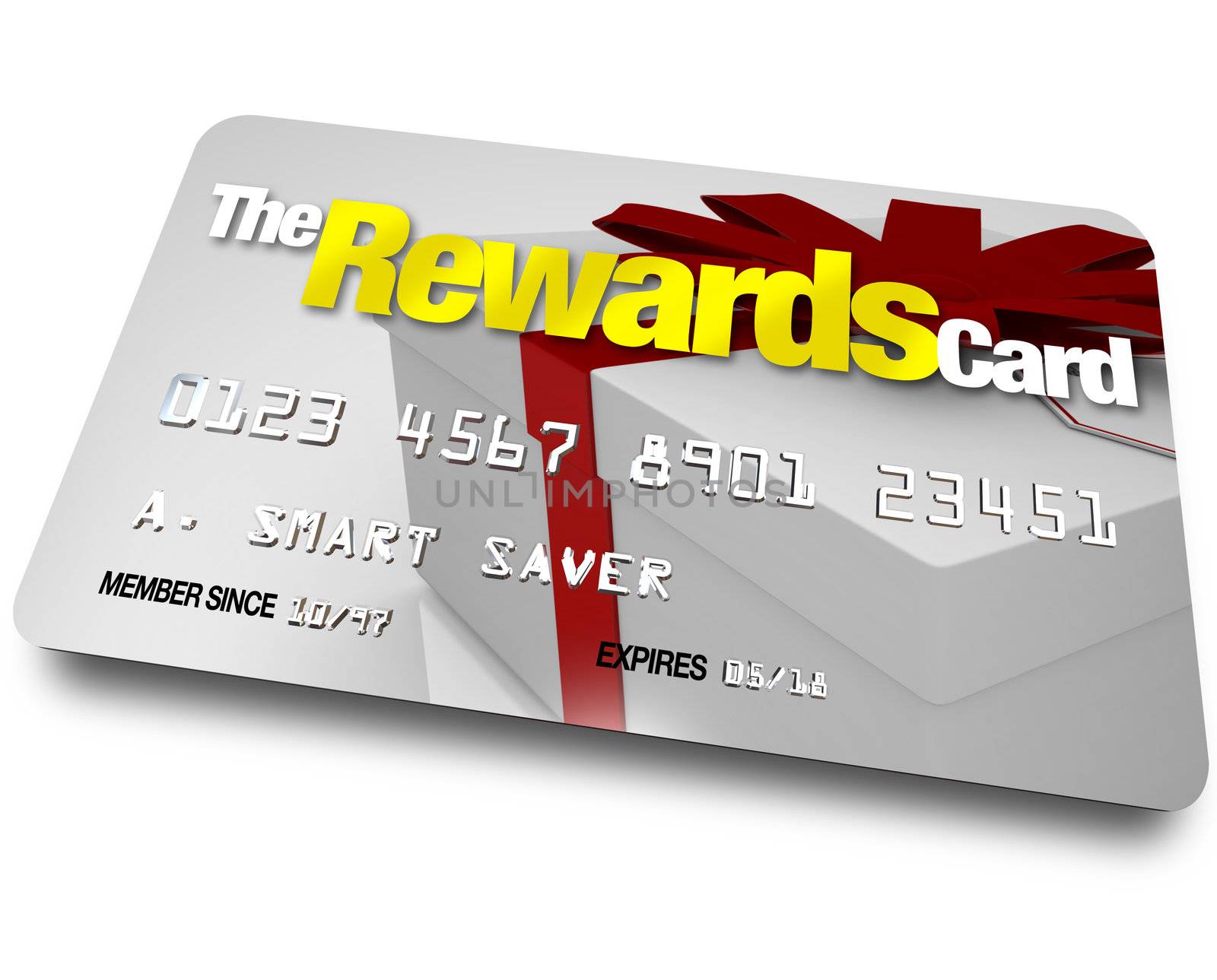 A credit card with the name The Rewards Card and a present shown on it illustrating the benefits, refunds and rebates you can earn by using a membership account when buying