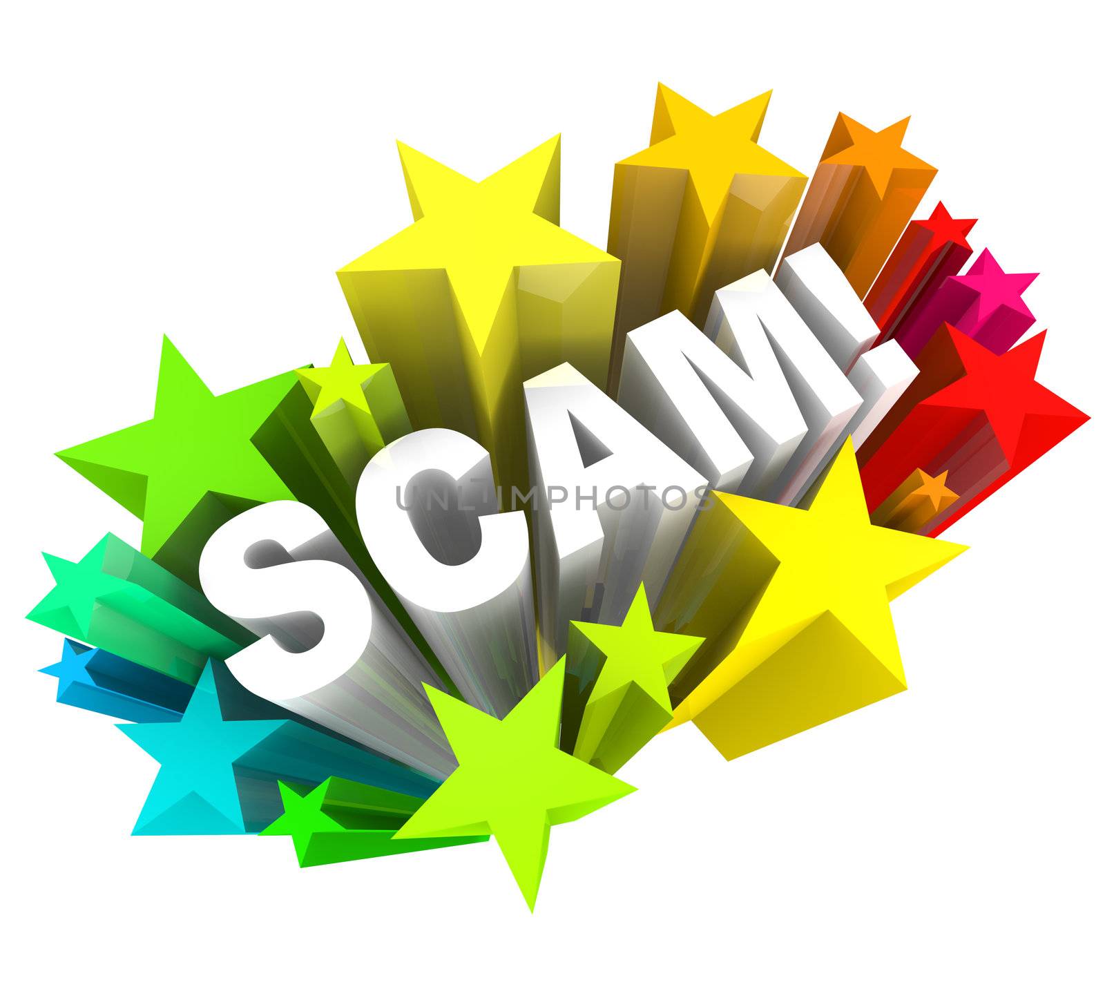 The word Scam surrounded by a starburst and fireworks to represent the surprise of a con, deceit, swindle, rip-off, or cheat such as on a shady infomercial or from a huckster salesperson
