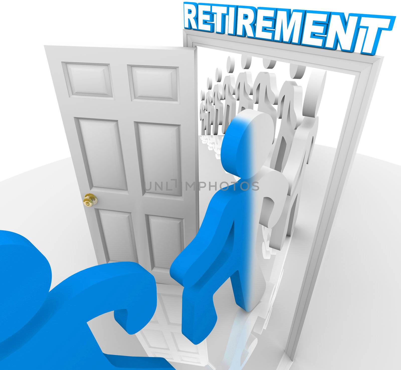 People Stepping Through the Retirement Doorway to Retire by iQoncept