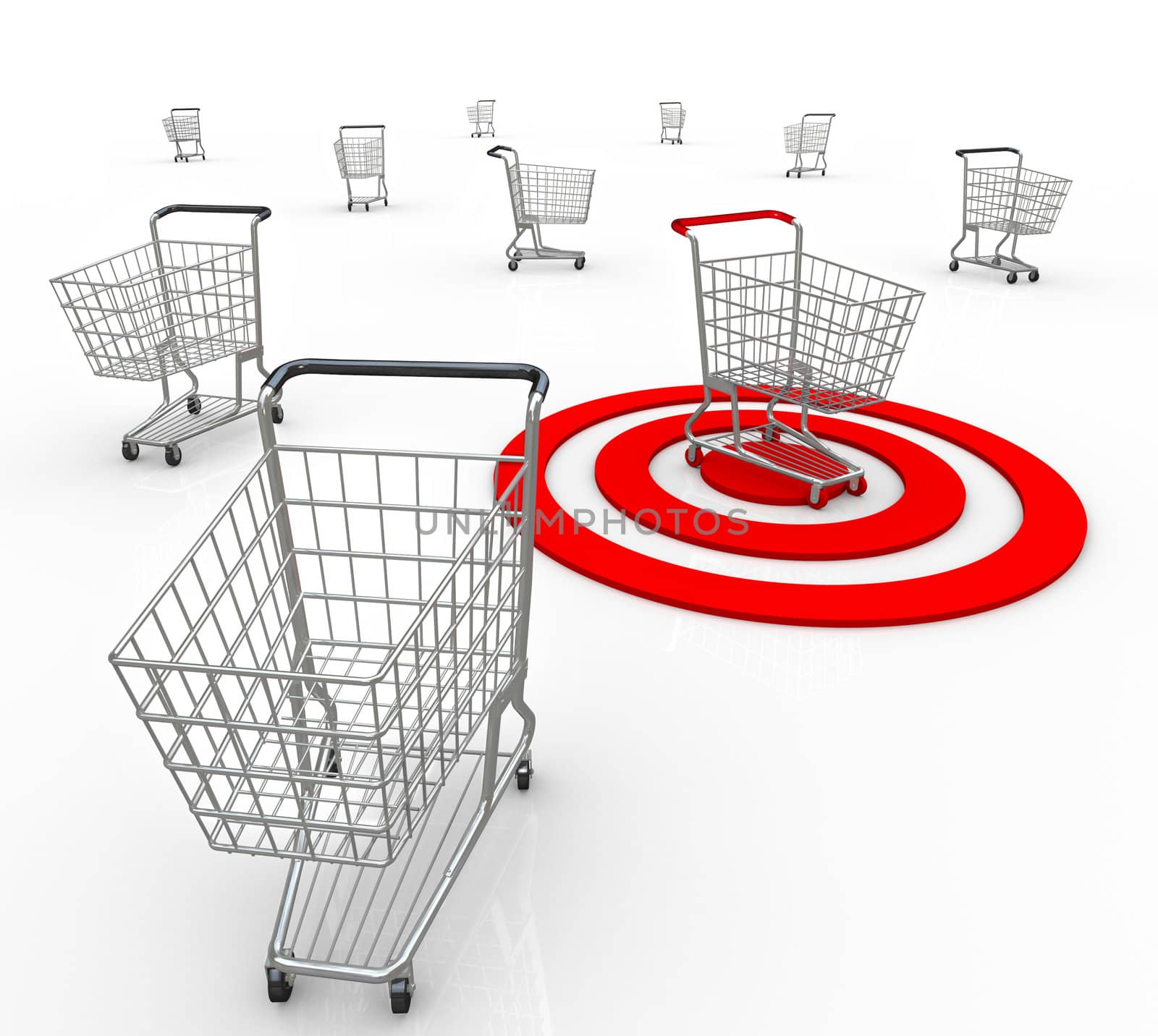 A red bullseye targets one unique customer out of several consumers so a company or business can identify what the shopper's needs and interests are so they may sell to that person