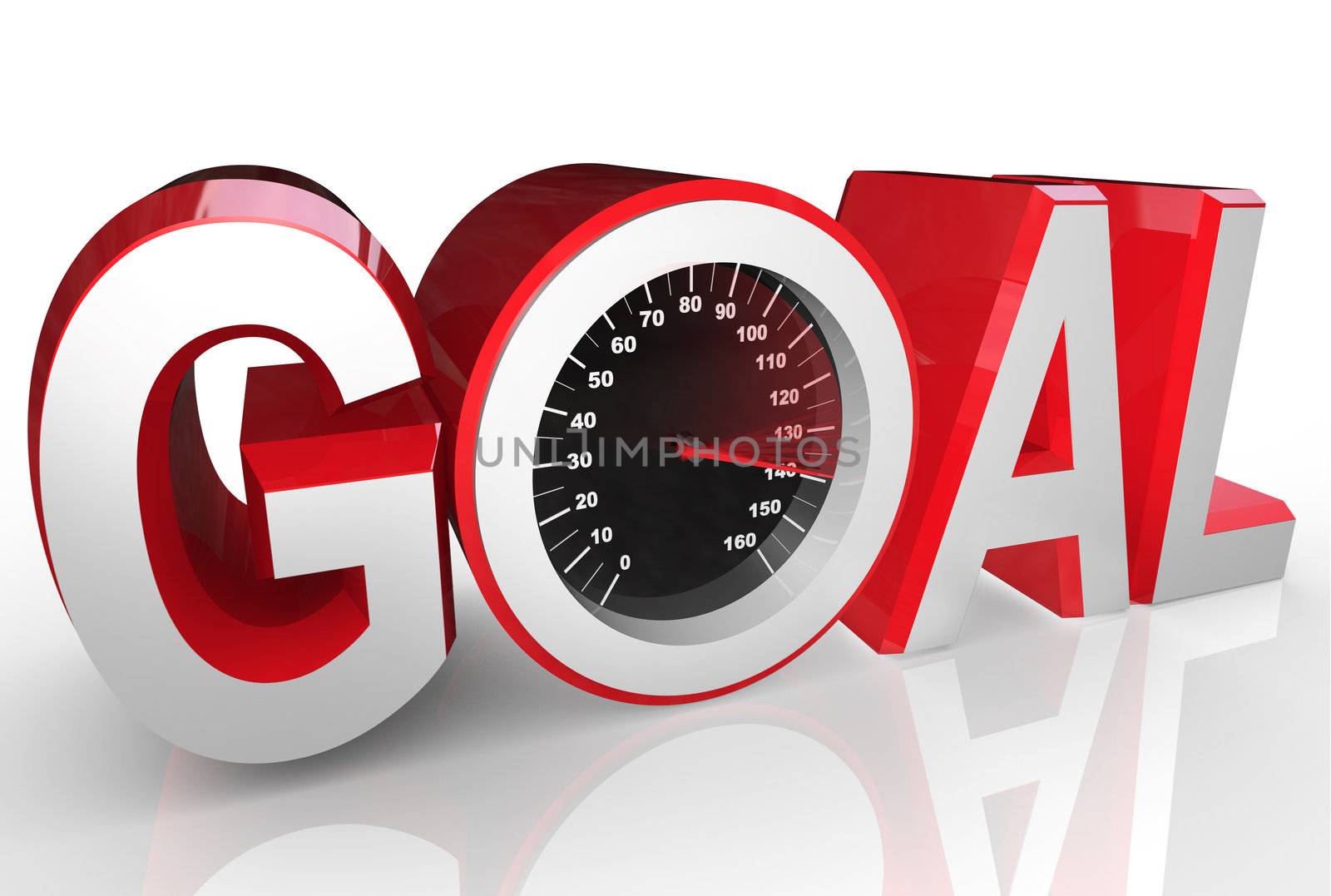 The word Goal includes a speedometer with needle racing to the max to symbolize the successful accomplishment of achieving an objective or completing a mission