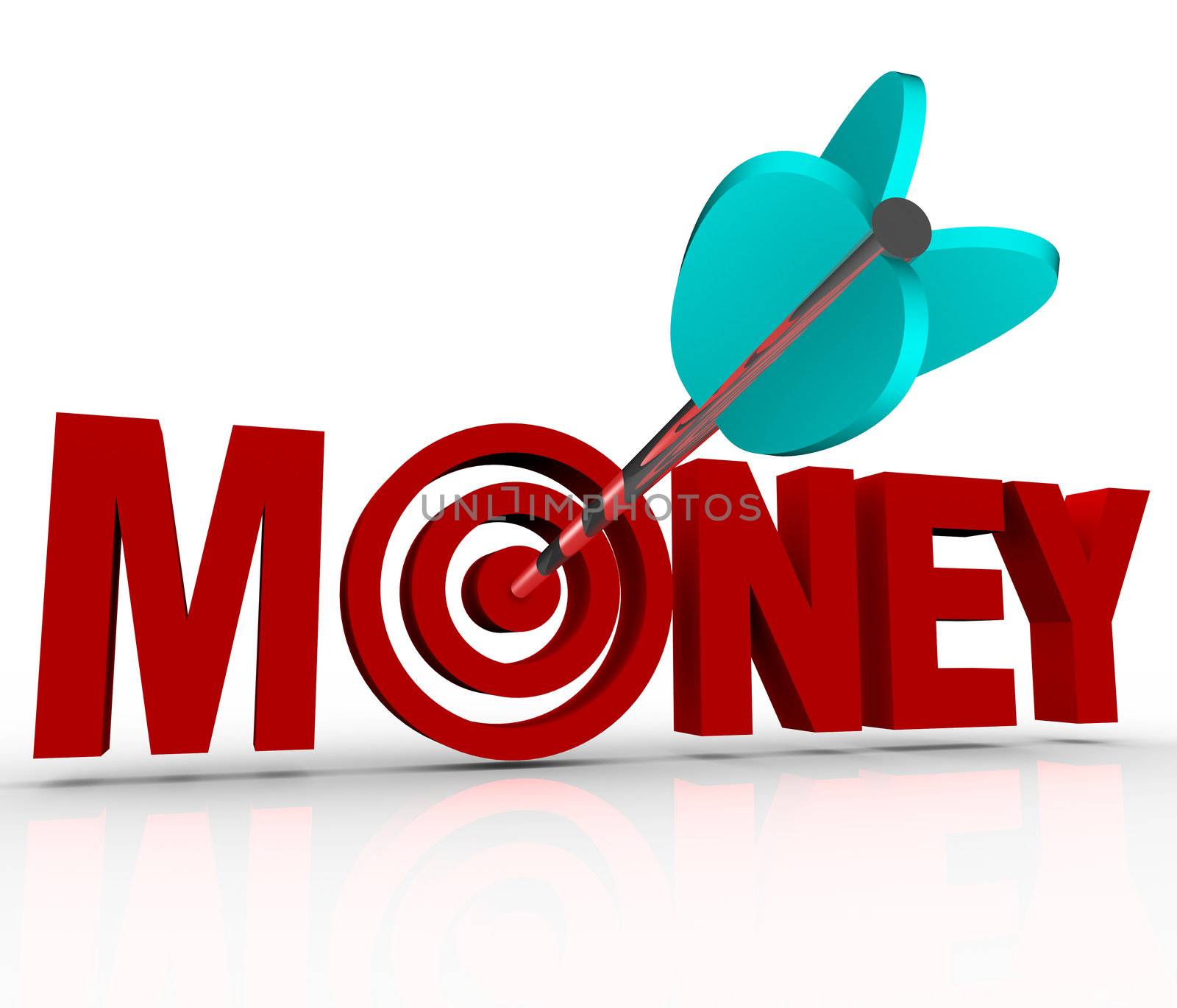 The word money in 3d red letters and an arrow shot into the center target bulls-eye to represent earning great wealth and riches and reaching financial stability