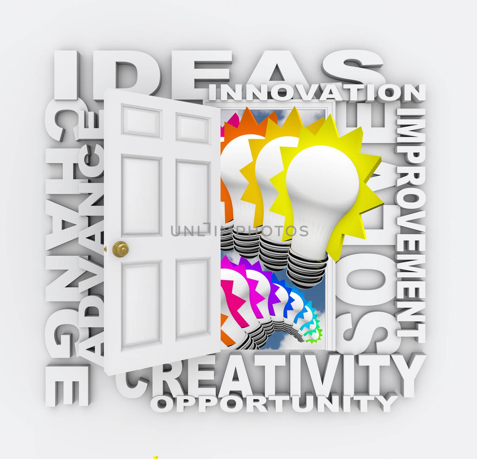 A door opening to show light bulbs and surrounded by the words Ideas, Innovation, Improvement, Solve, Creation, Opportunity, Advance and Change