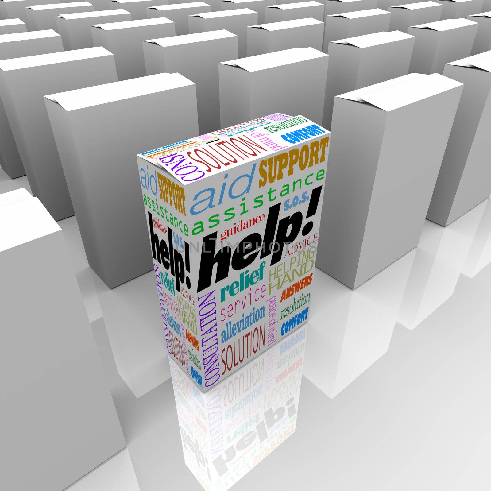 Many boxes on a store shelf, one with the word Help representing customer support, assistance, service, aid, consultation, solution, answers, resolution, comfort, relief, helping hand, advice, peace of mind, guidance, and s.o.s.