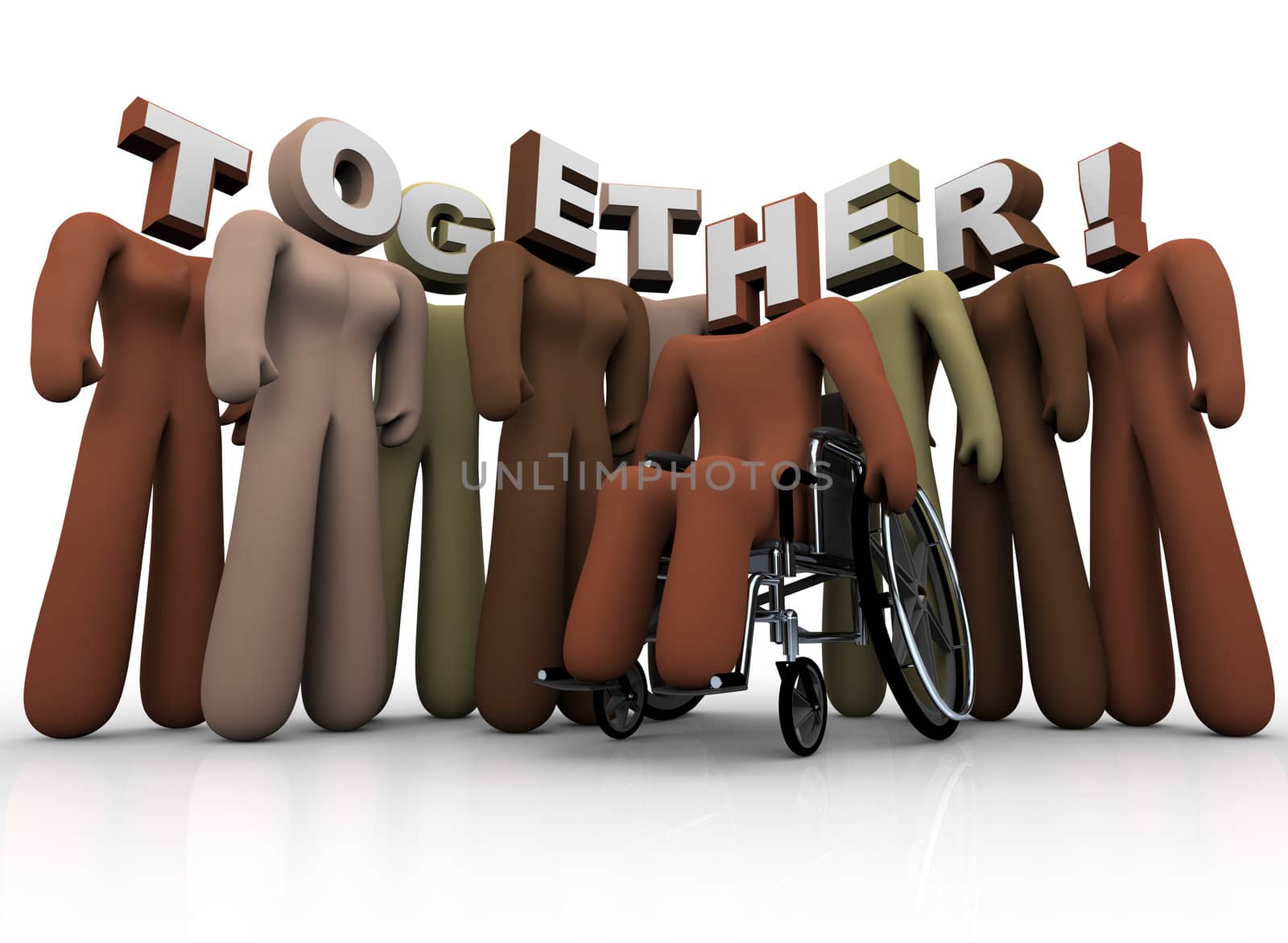 Several people of diverse backgrounds stand with the word Together in letters for their heads, with one in a wheelchair, symbolizing community, friendship and teamwork