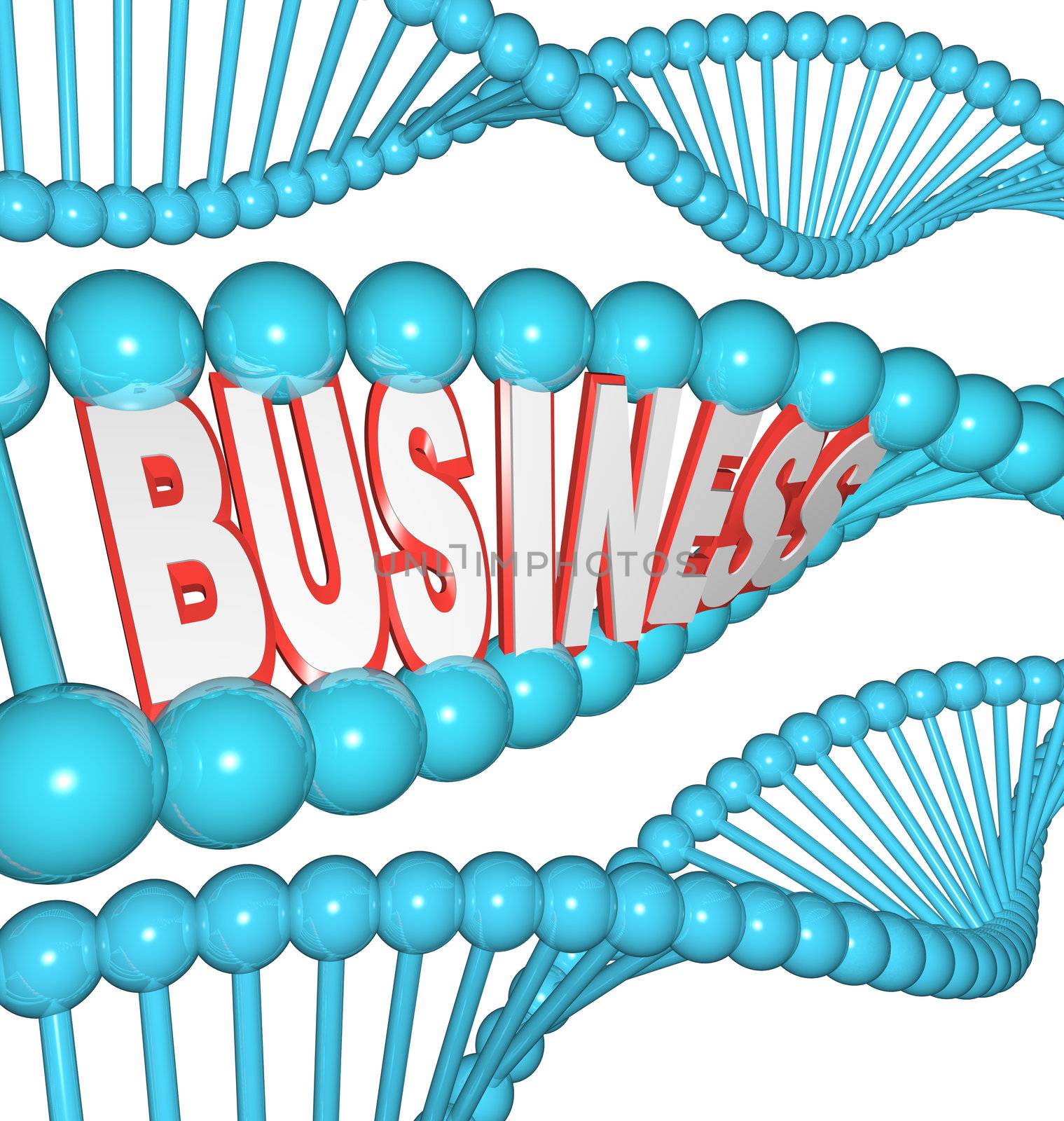 The word Business in a strand of DNA representing someone who is born to be a businessperson and has the drive to succeed in his or her genetic make-up, making success predetermined at the biological level