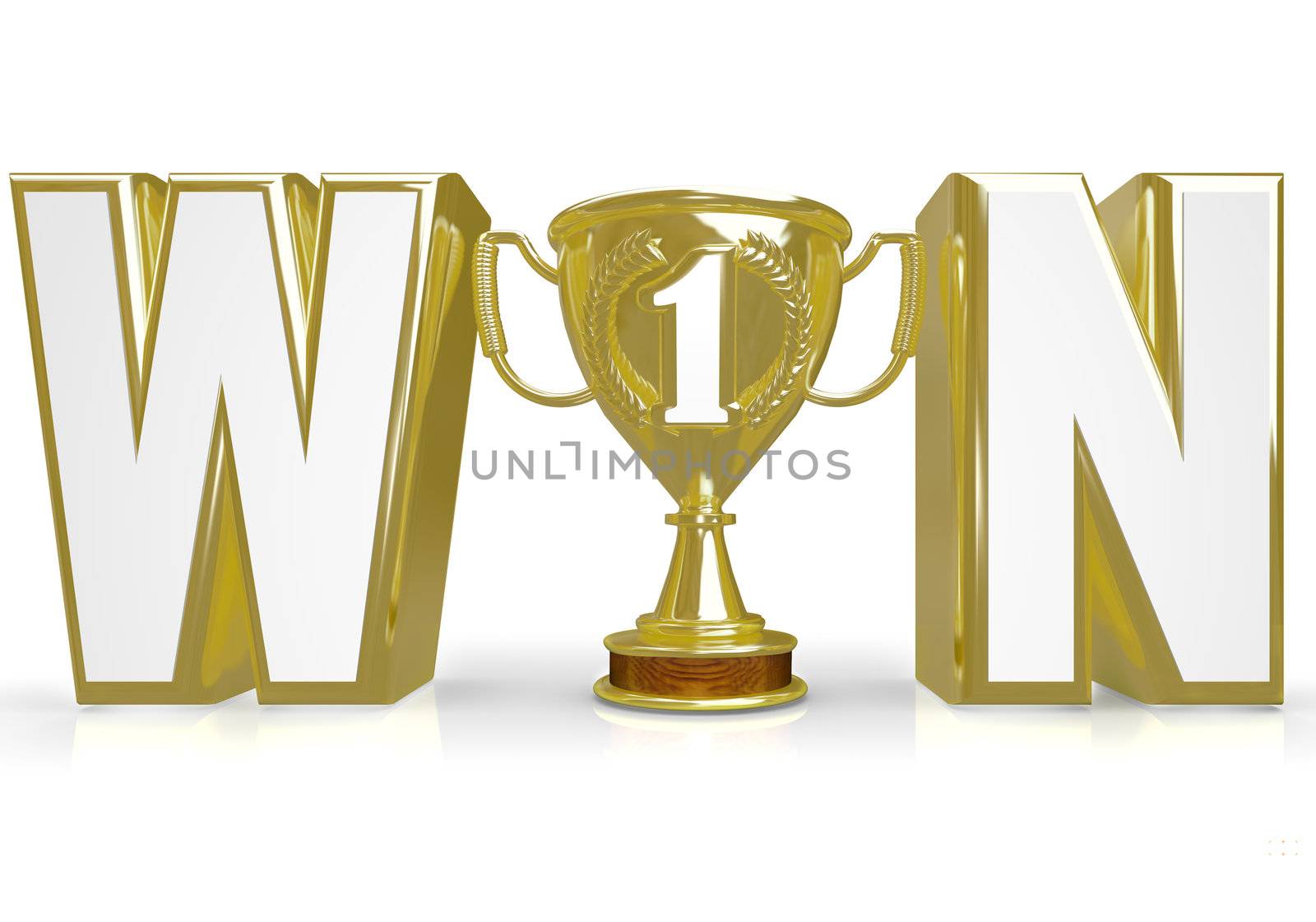 The word Win in gold letters and a trophy standing in for letter I, representing the award or prize given to the winner, champion or victor of a game, competition, challenge or other sporting event