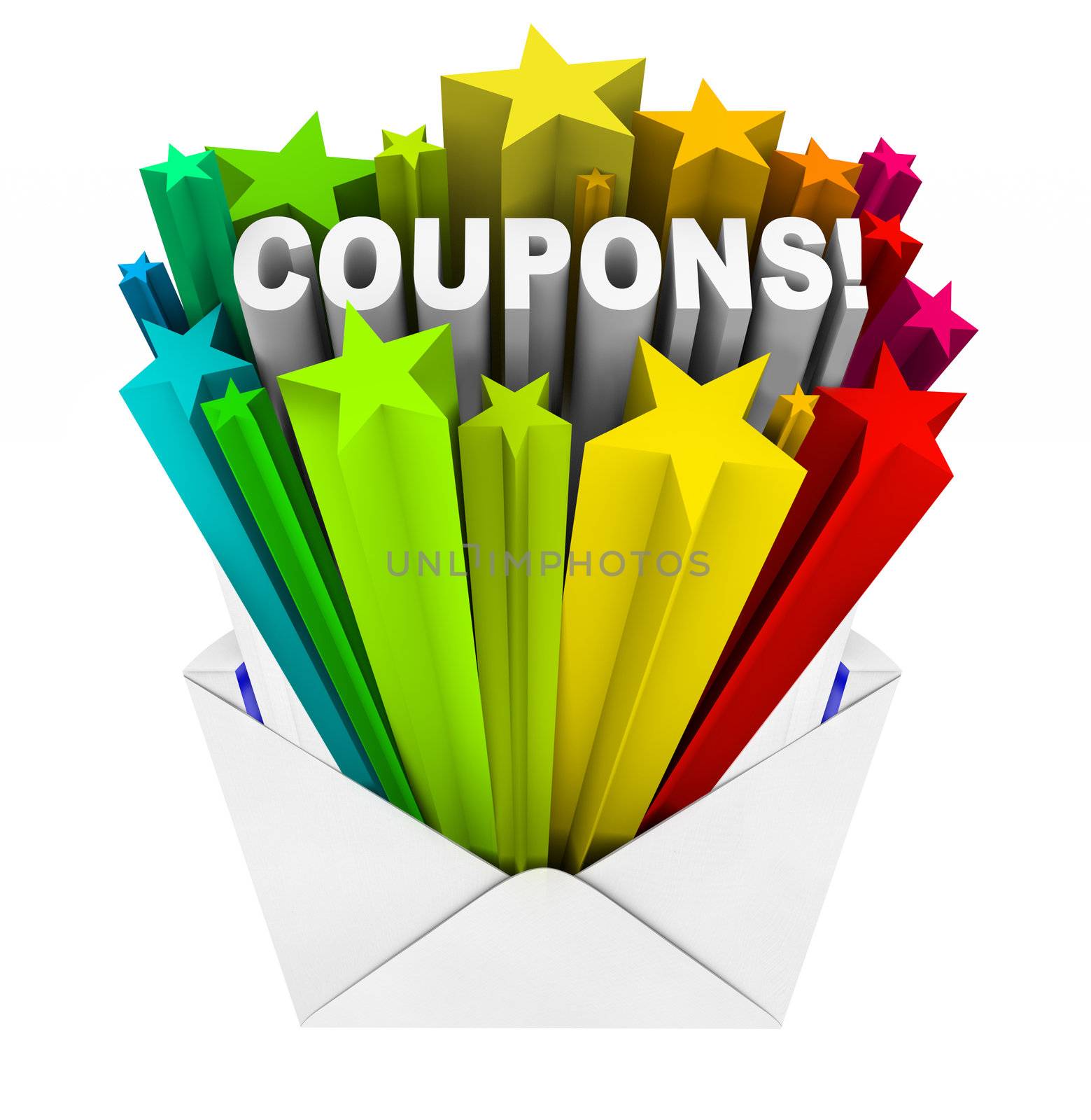 An envelope opening to show a burst of stars and the word Coupons to give you special savings so you can redeem a coupon and save when you buy the things you need at a store or online retailer