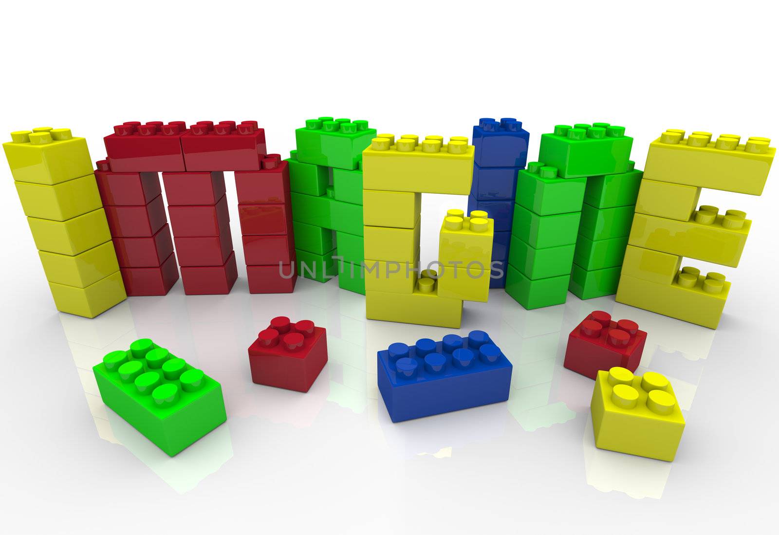 The word Imagine in colored toy plastic blocks representing the creative play a child enjoys with building blocks and the idea generation of using your creativity