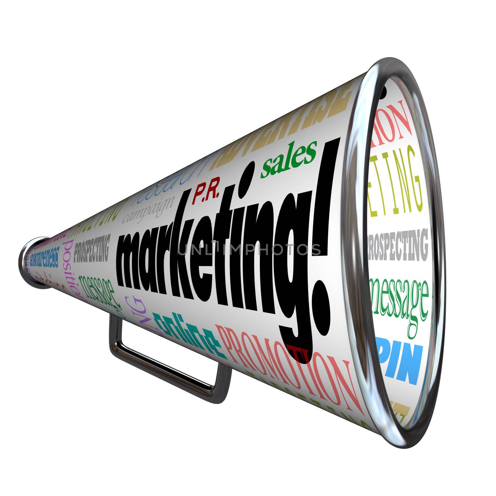 A megaphone or bullhorn with words on it for Marketing, advertising, positioning, awareness, message, public relations, sales, online, prospecting, targeting and more