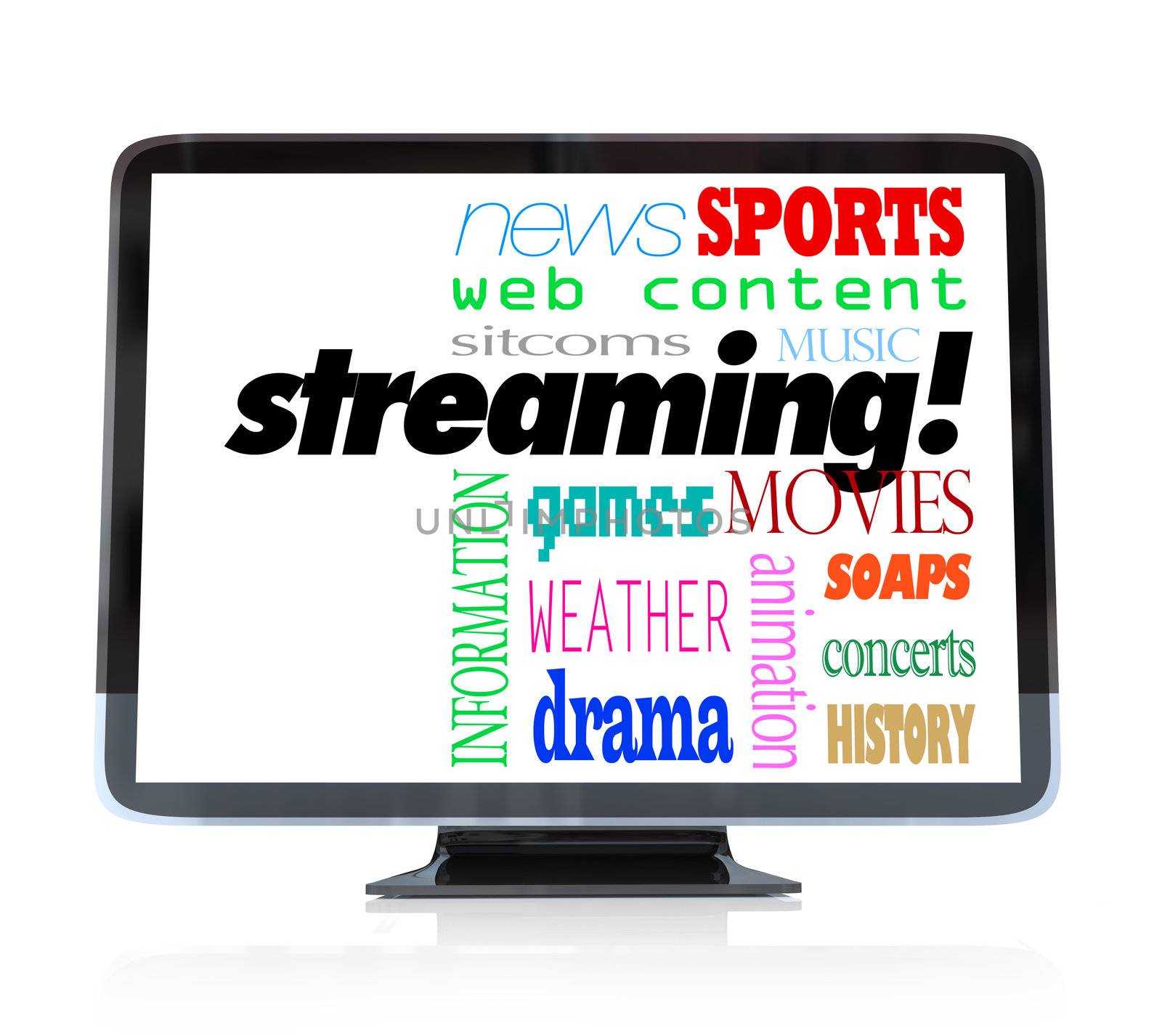 A high definition television with the word Streaming and words for types of content you can watch such as movies, sitcoms, dramas, sports, weather, news, information, concerts, music,  and more