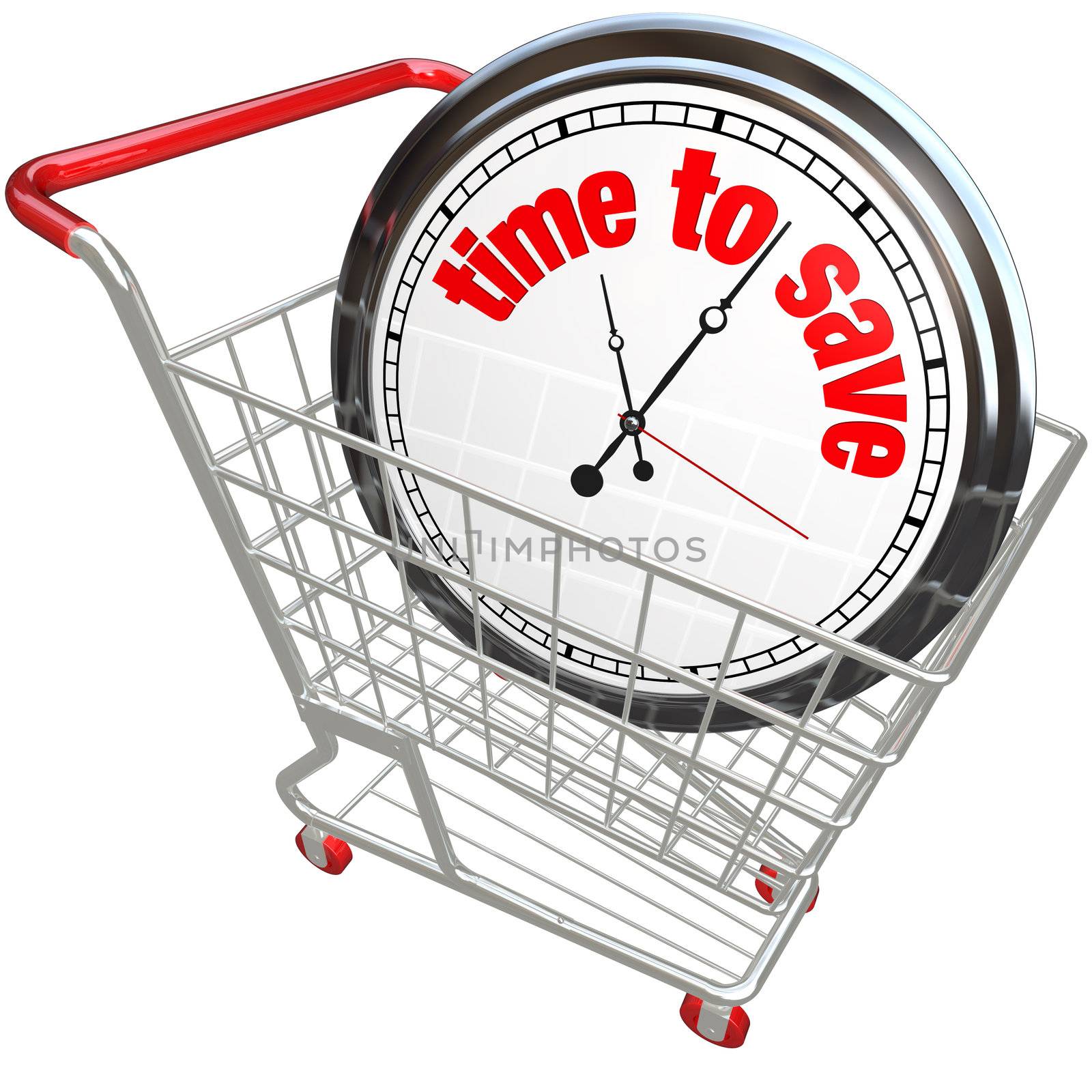 A white clock in a shopping cart with the words Time to Save advertising a special sale or discount clearance event on merchandise you want to buy
