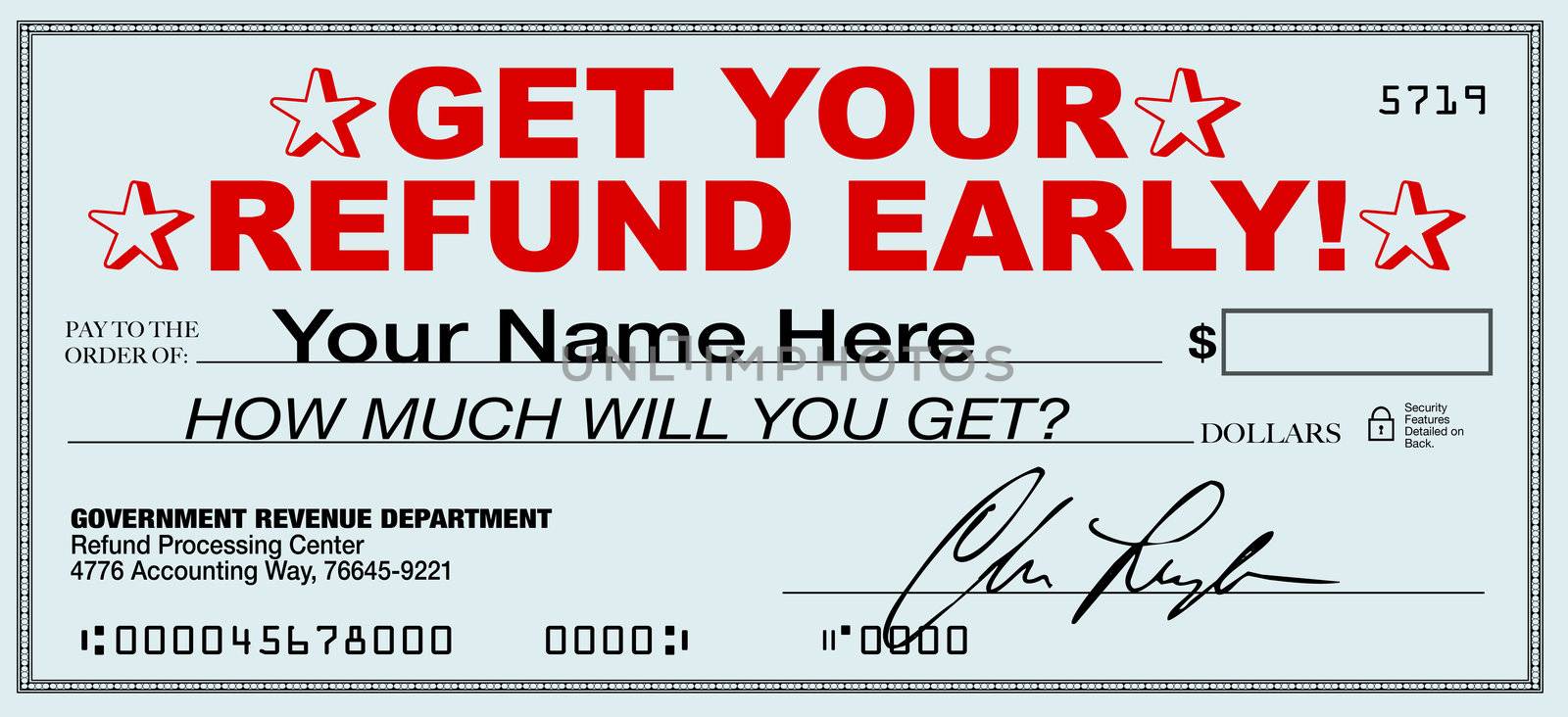 A tax refund check that you can receive early by using a tax return filing service that promises instant return of your overpaid taxes rather than waiting for the government response