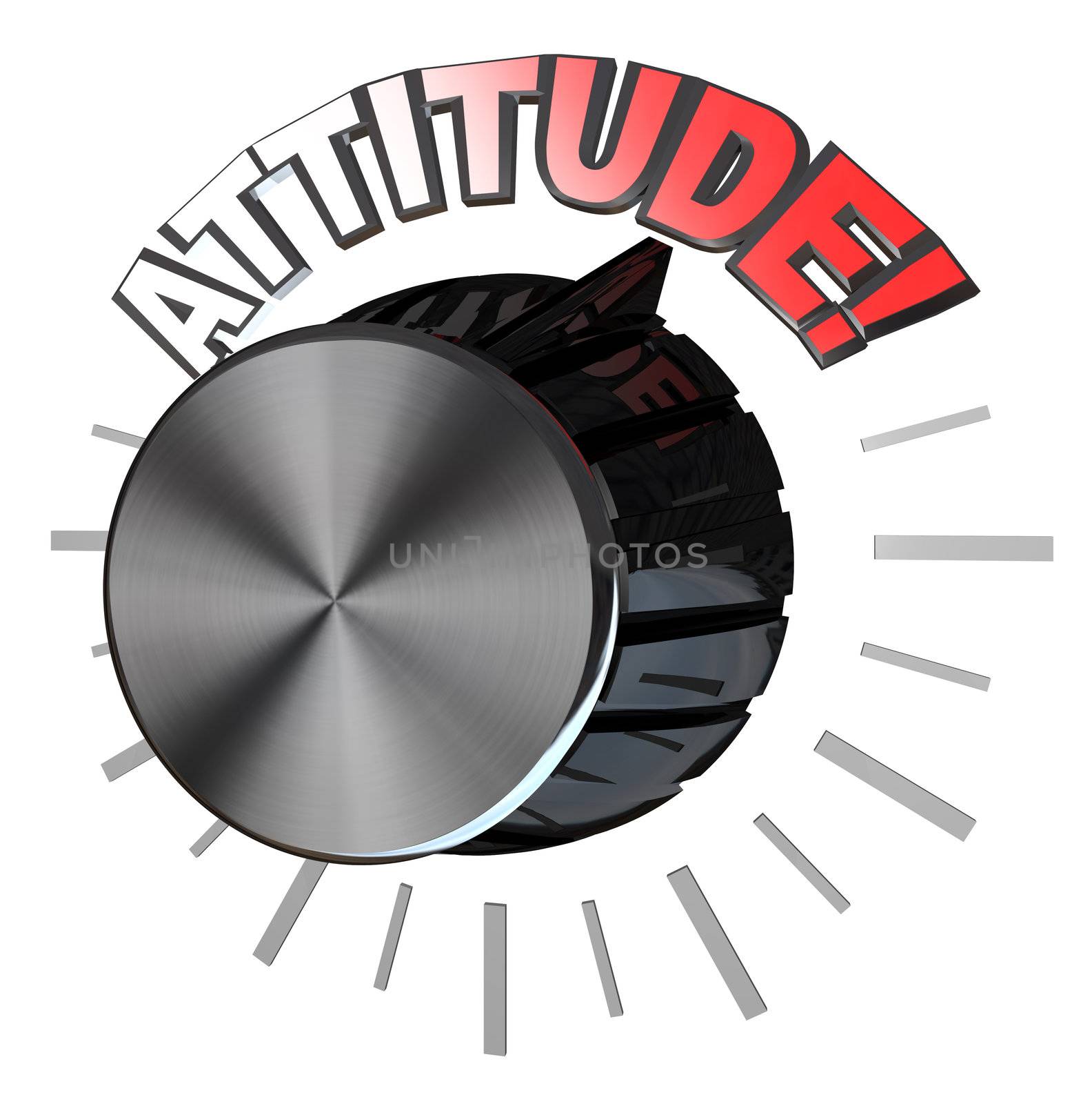 An amplifier or speaker type volume knob with the pointer turned up to the word Attitude to represent the highest level of positive attitude that one can reach in order to succeed in meeting a goal