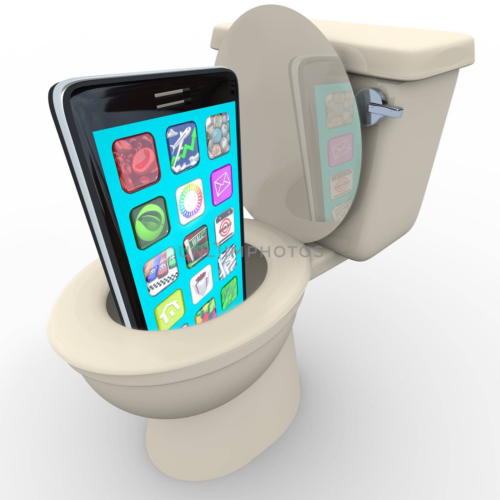 A smart phone with apps being flushed down a toilet symbolizing frustration with poor service, outdated and obsolete old model, in anticipation of replacement with new model cellphone