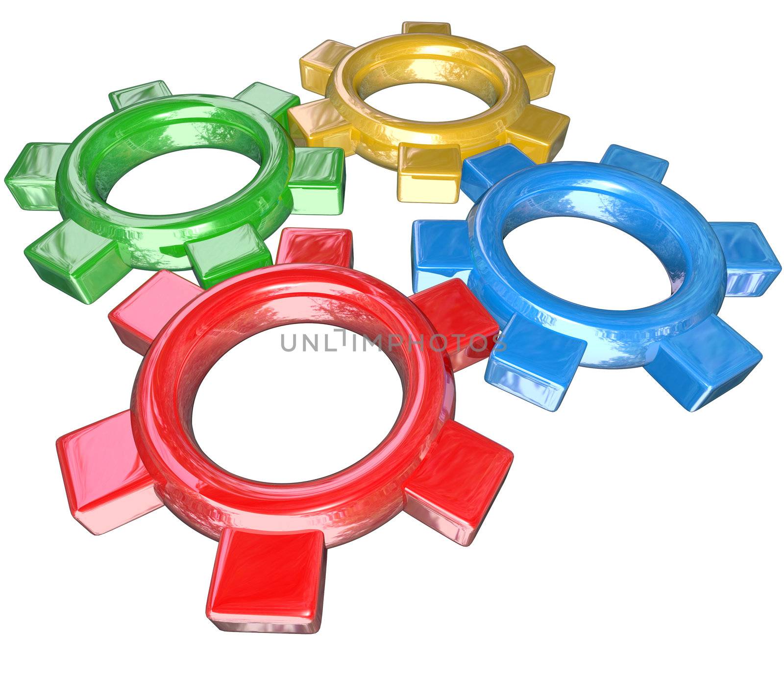 Four Colorful Gears Turning Together in Unison - Teamwork Synerg by iQoncept