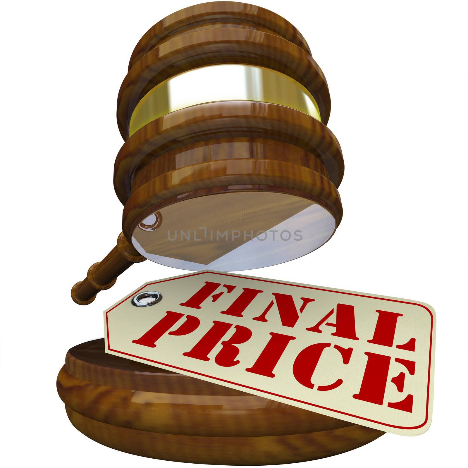 A wooden gavel coming down on a price tag marked Final Price representing the closing bid on an auctioned item in a special sale or auction