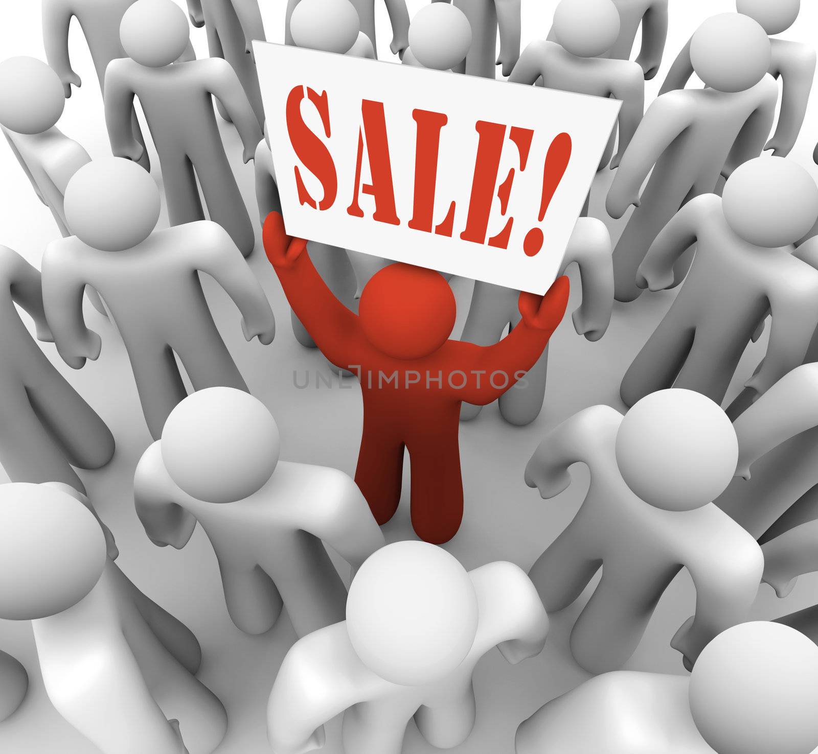 A red person stands in a crowd holding a banner that reads Sale to advertise a special savings event at a store or shopping center