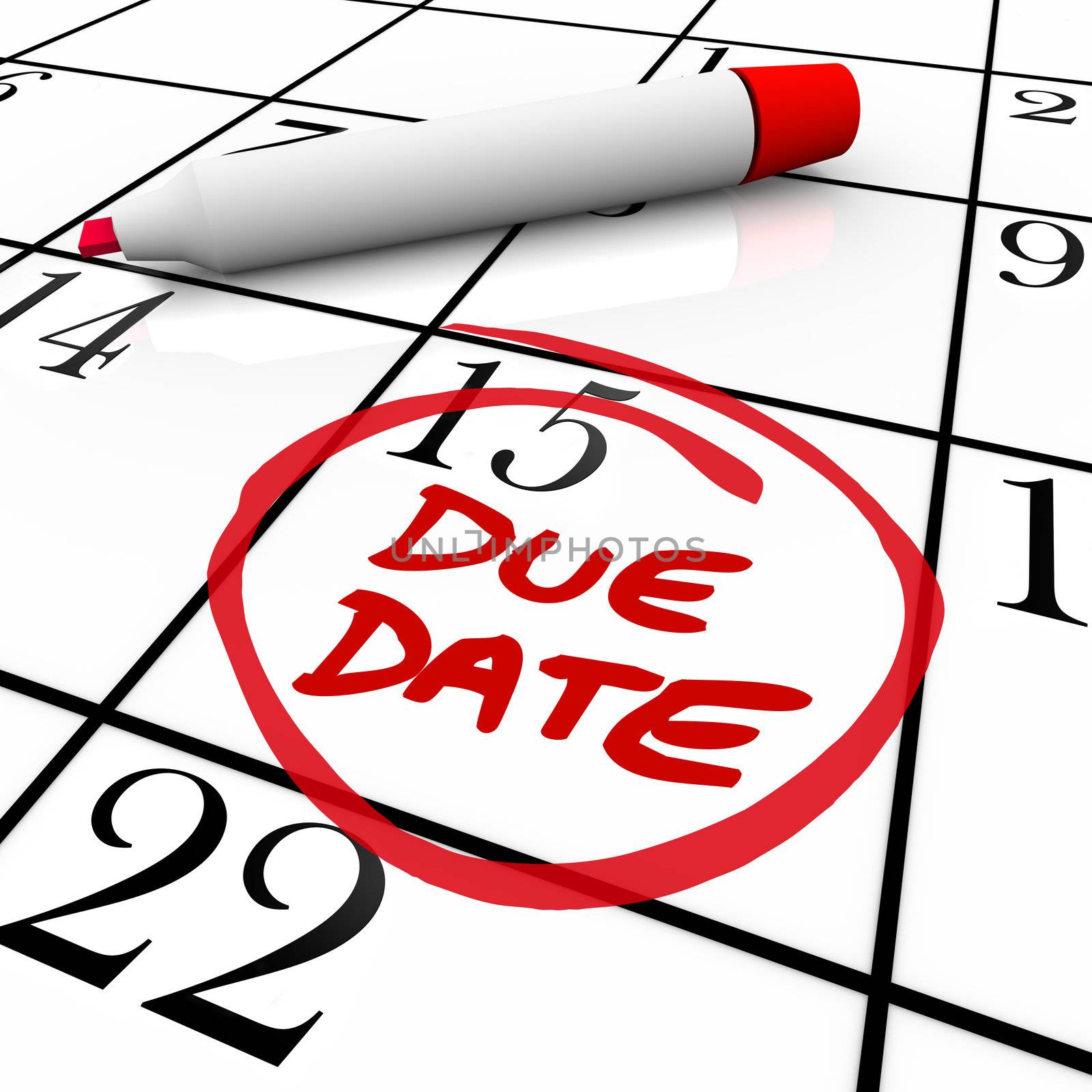 The big Due Date day, the 15th,  circled on a white calendar with a red marker, as a reminder of the date your project must be completed and submitted or the date you expect to deliver your baby