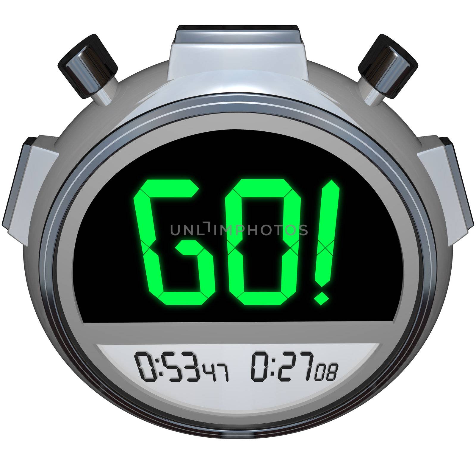 The word Go in green letters on a stopwatch timing your performance in a race or other competition