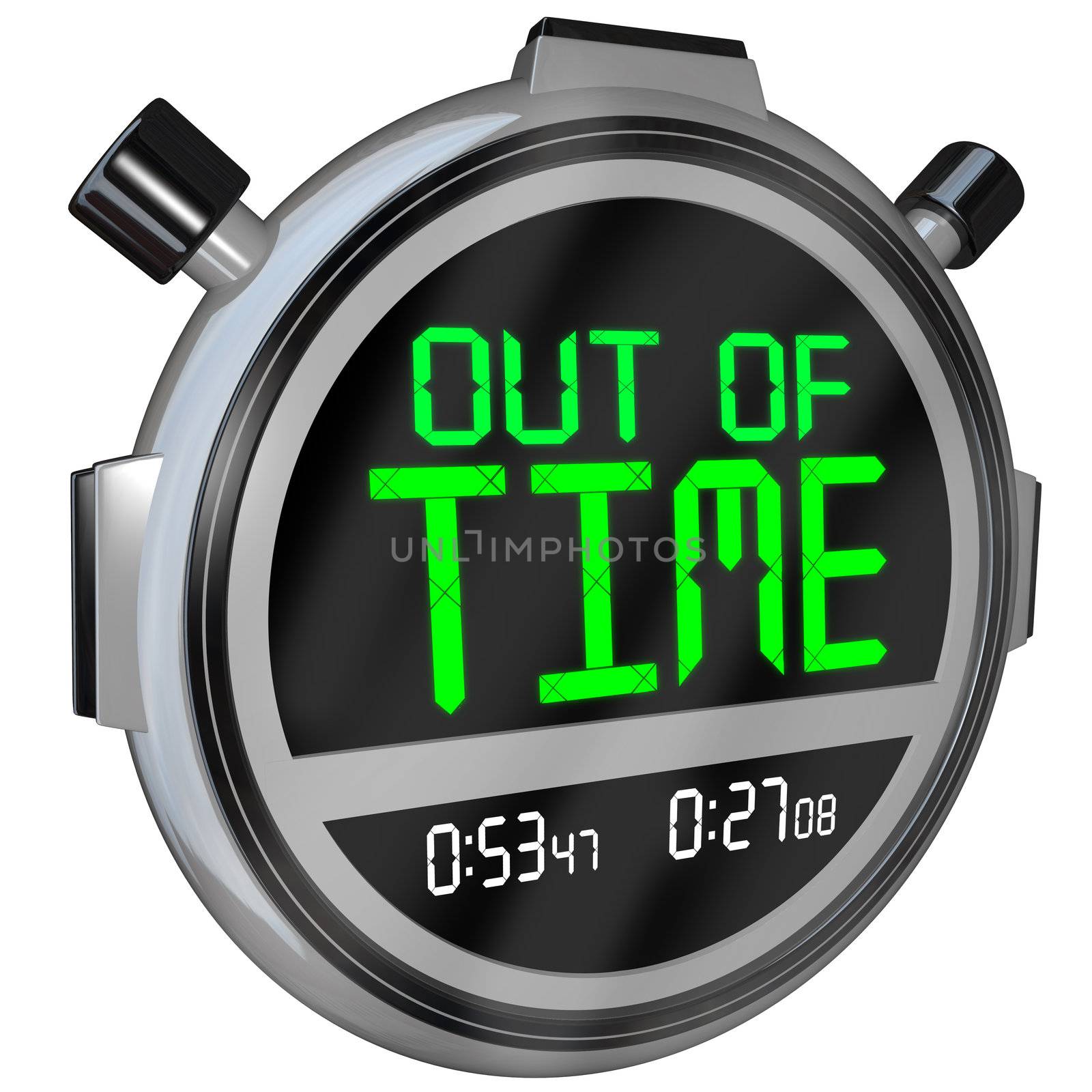 A stopwatch with the words Out of Time representing a deadline that is approaching or has passed and that you have run out of opportunity to complete or finish a test, project or sporting event