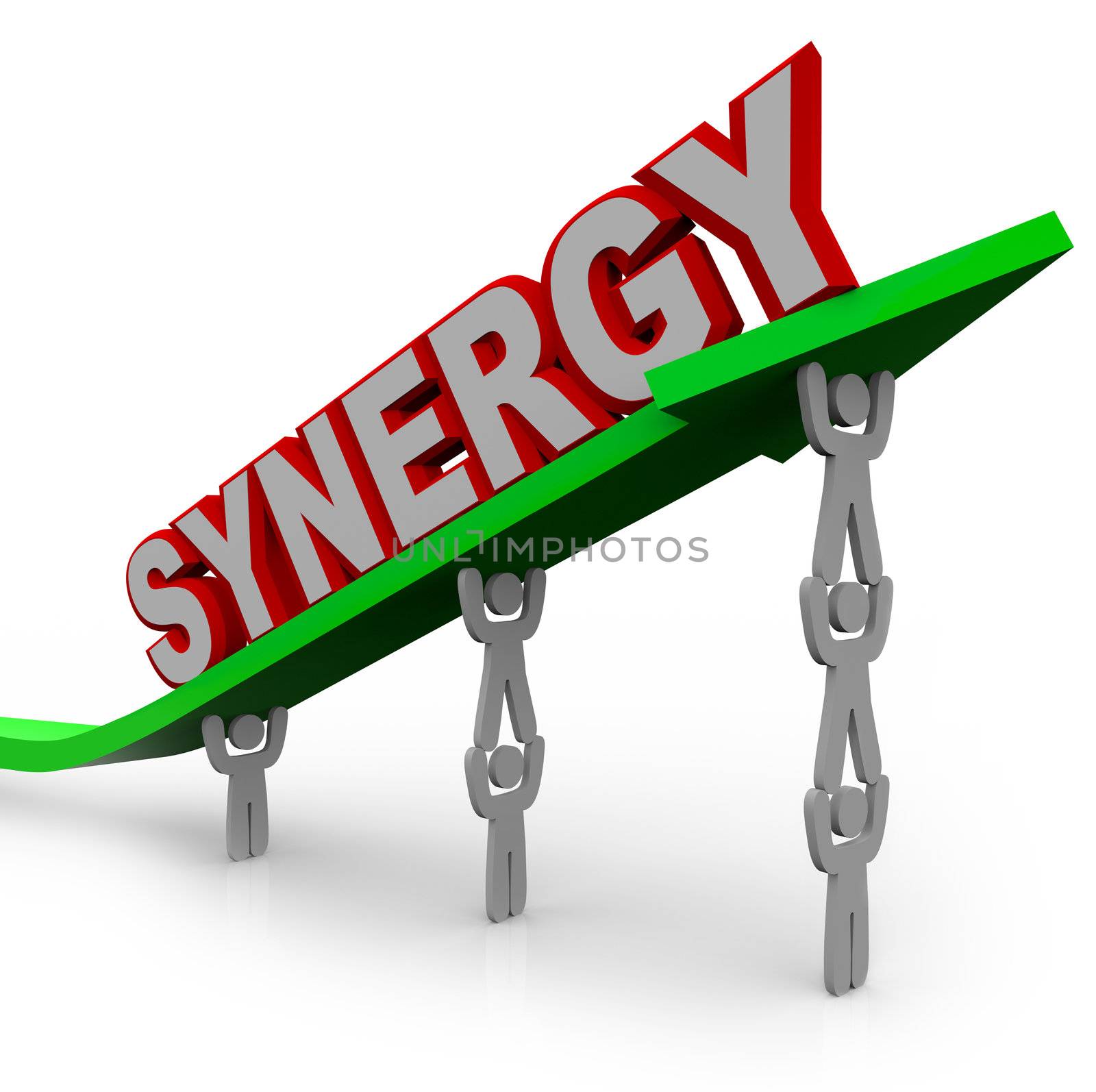 A team of people lift an arrow and the word Synergy, illustrating the growth that can be achieved with many team members working toward a common objective and forming a partnership or alliance of different strengths and abilities