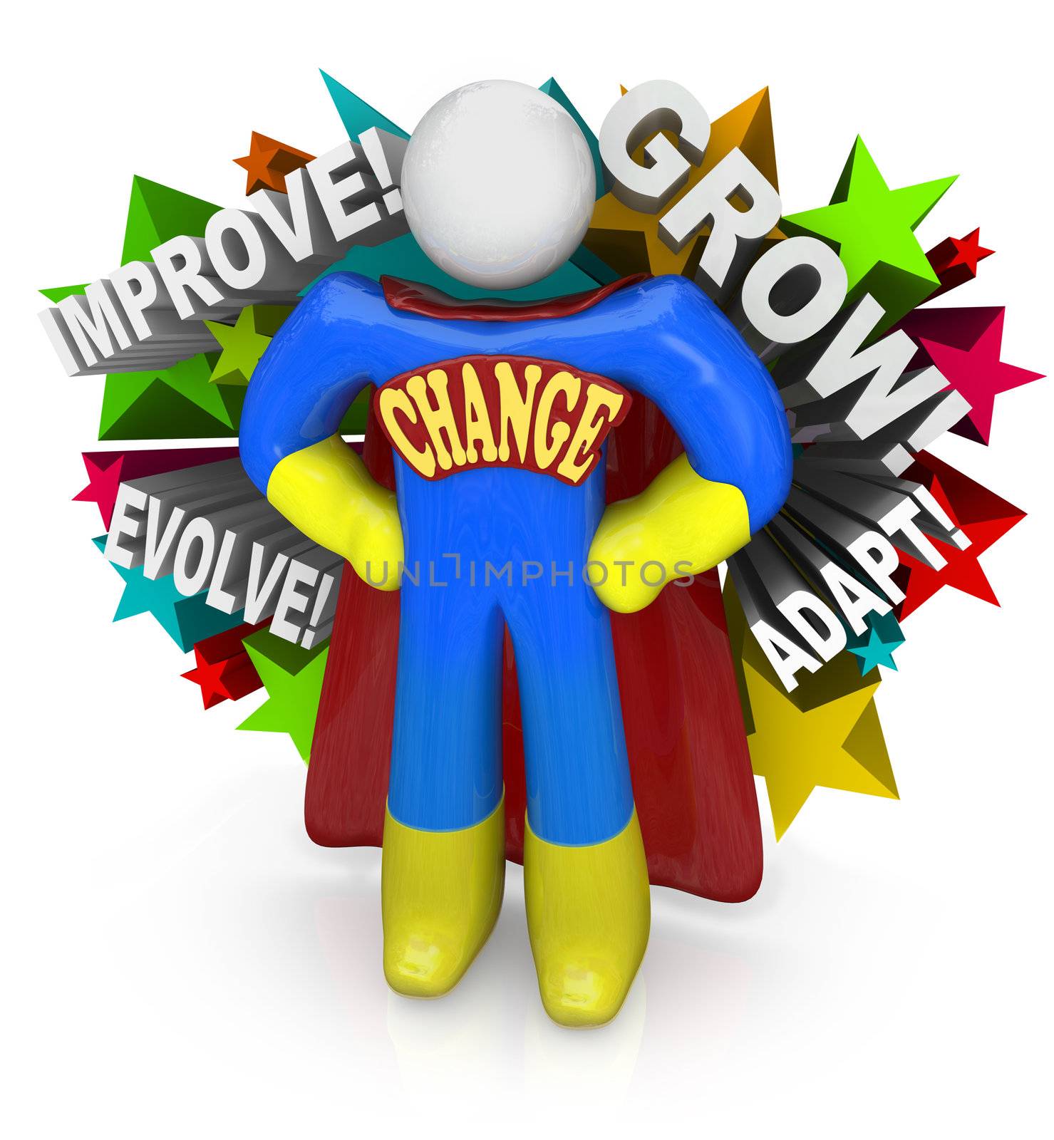 A superhero with the word Change across his chest encourages and helps you to make changes and adapt and evolve to adjust to new challenges that life brings you