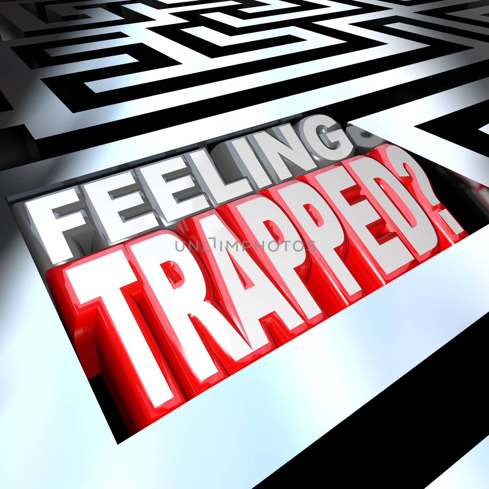 3d illustrated words Feeling Trapped in a maze to represent the difficulty of a hard problem or trouble that is keeping you lost in confusion behind barriers or obstacles