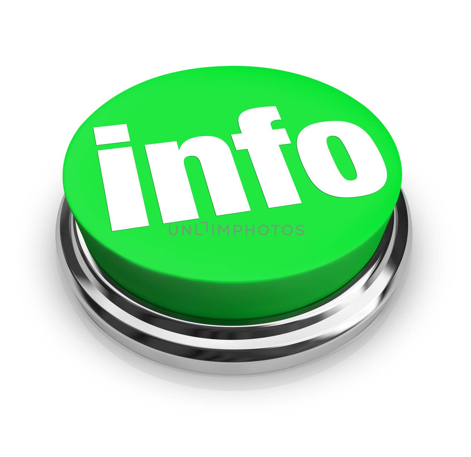 A green button with the word Info representing a way to get more information to answer your questions on an important matter, product or news feature